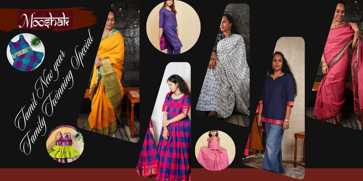 Family Twinning this Tamil New Year with Mooshak's Bestselling weaves of Tamil Nadu