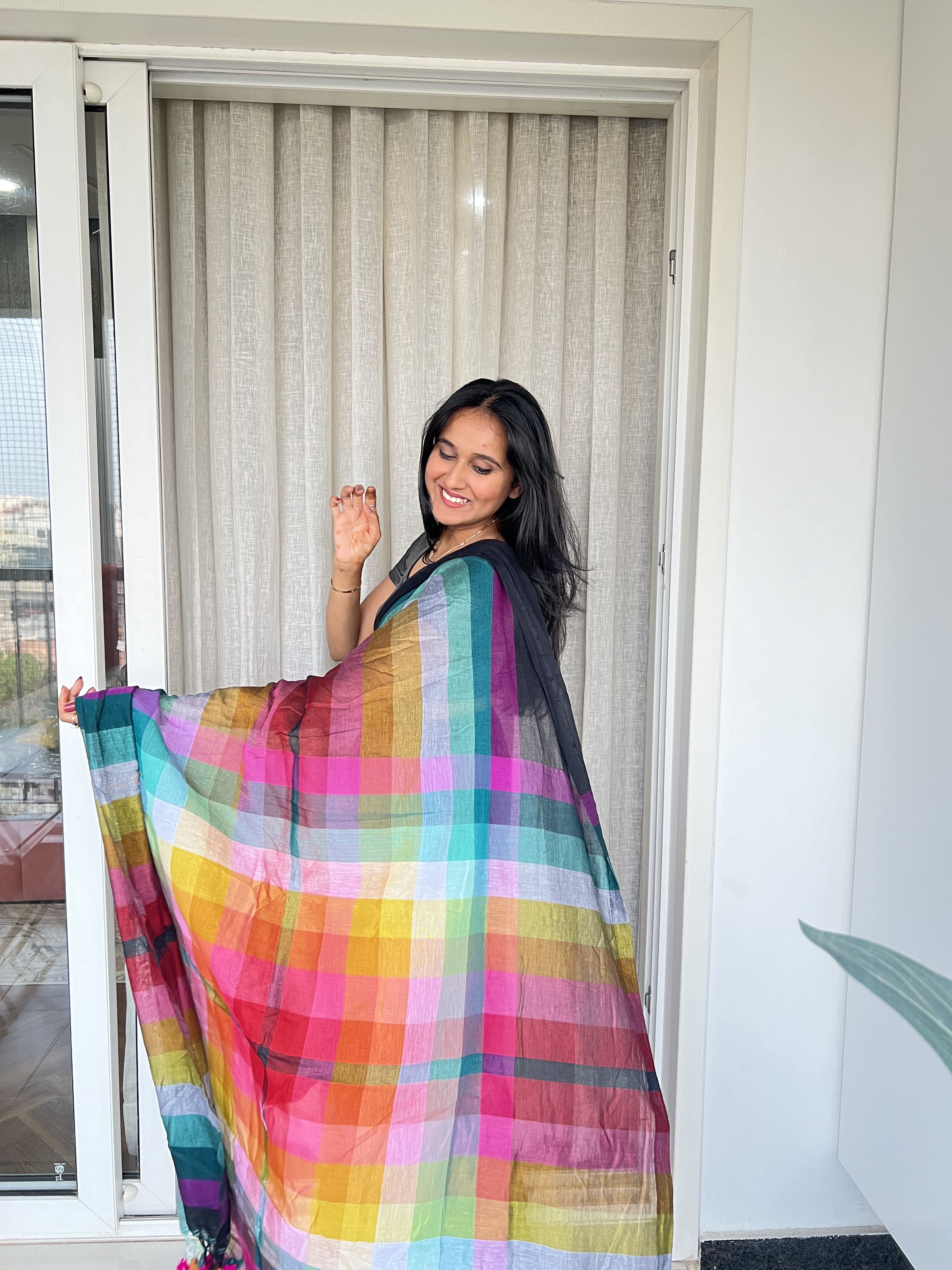 Aanchal - Saree (Unstitched) in Black with multicolor in Mul cotton fabric