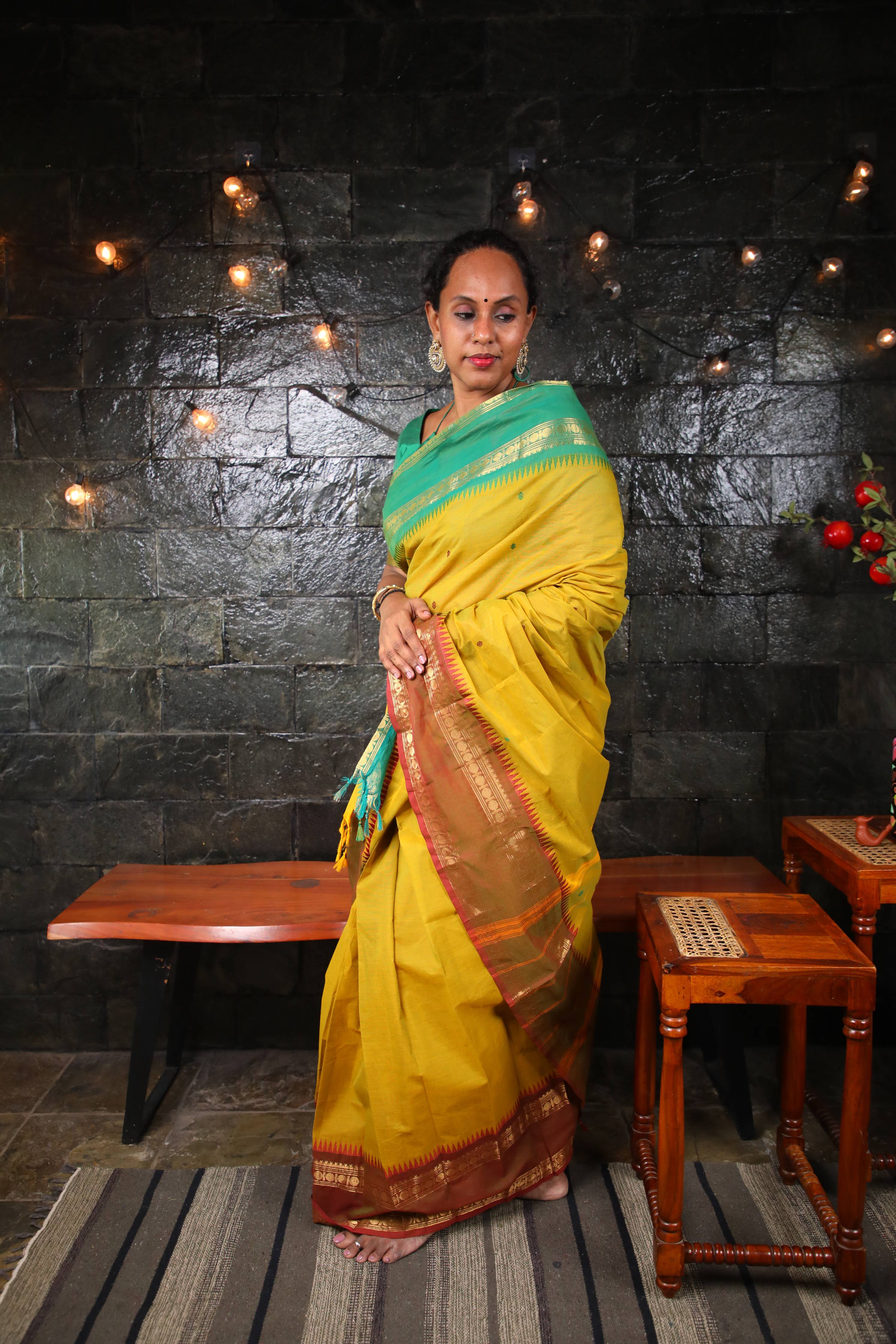 Varnam - 1 minute Ready-to-wear saree in Mehendi green color in Kanchi Cotton