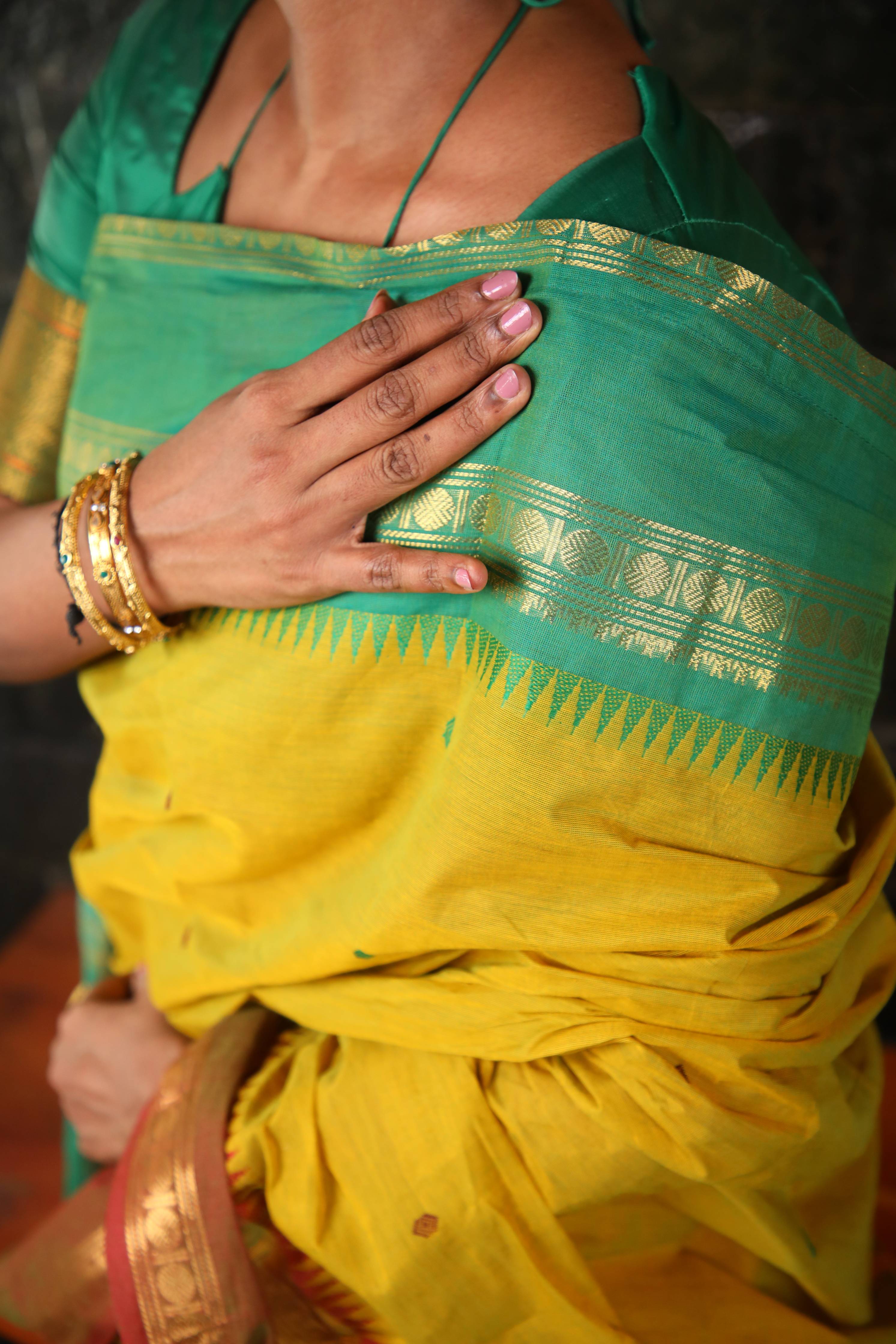 Varnam - 1 minute Ready-to-wear saree in Mehendi green color in Kanchi Cotton