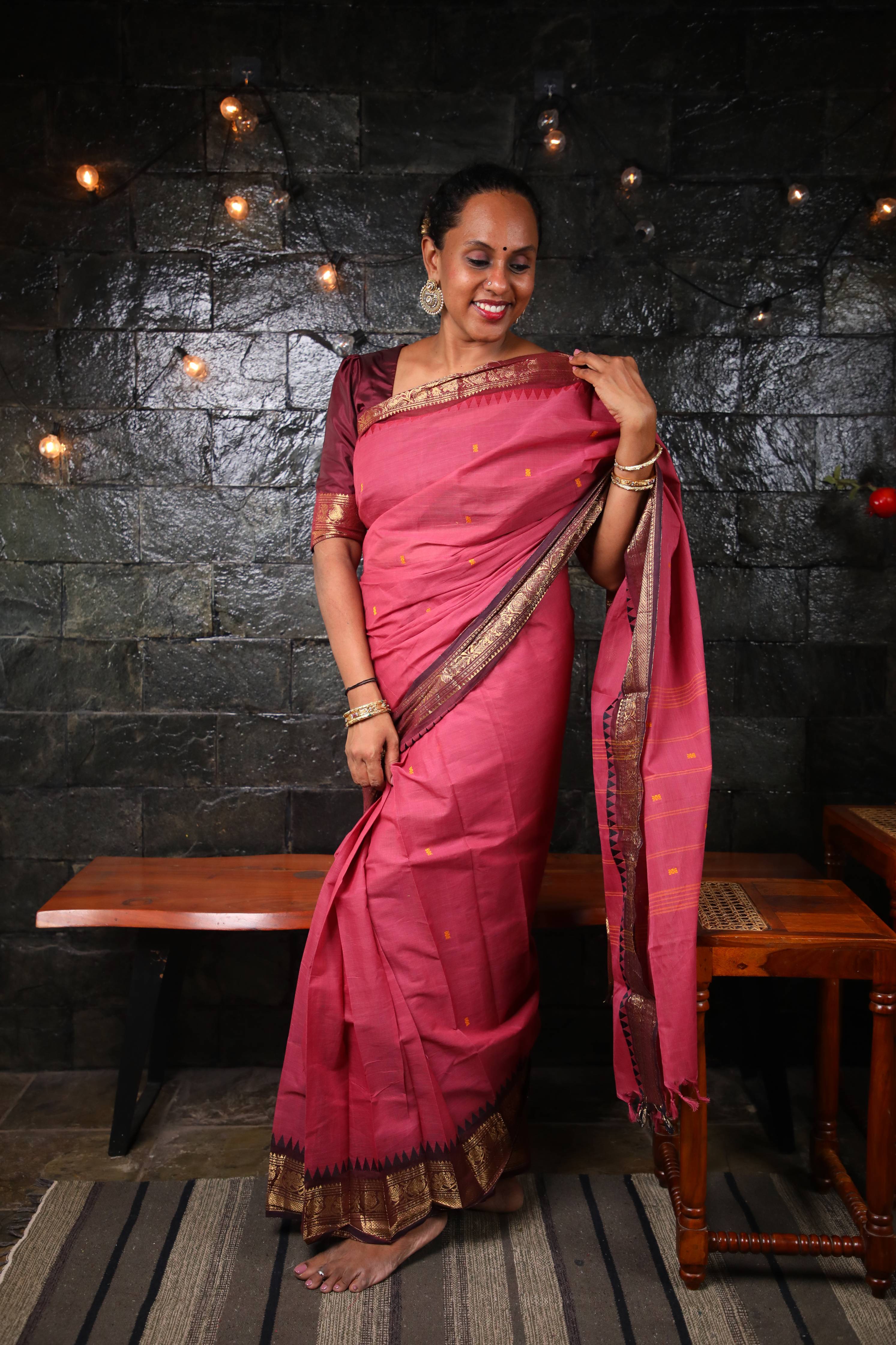 Varnam - 1 minute Ready-to-wear saree in Onion Pink color in Kanchi Cotton