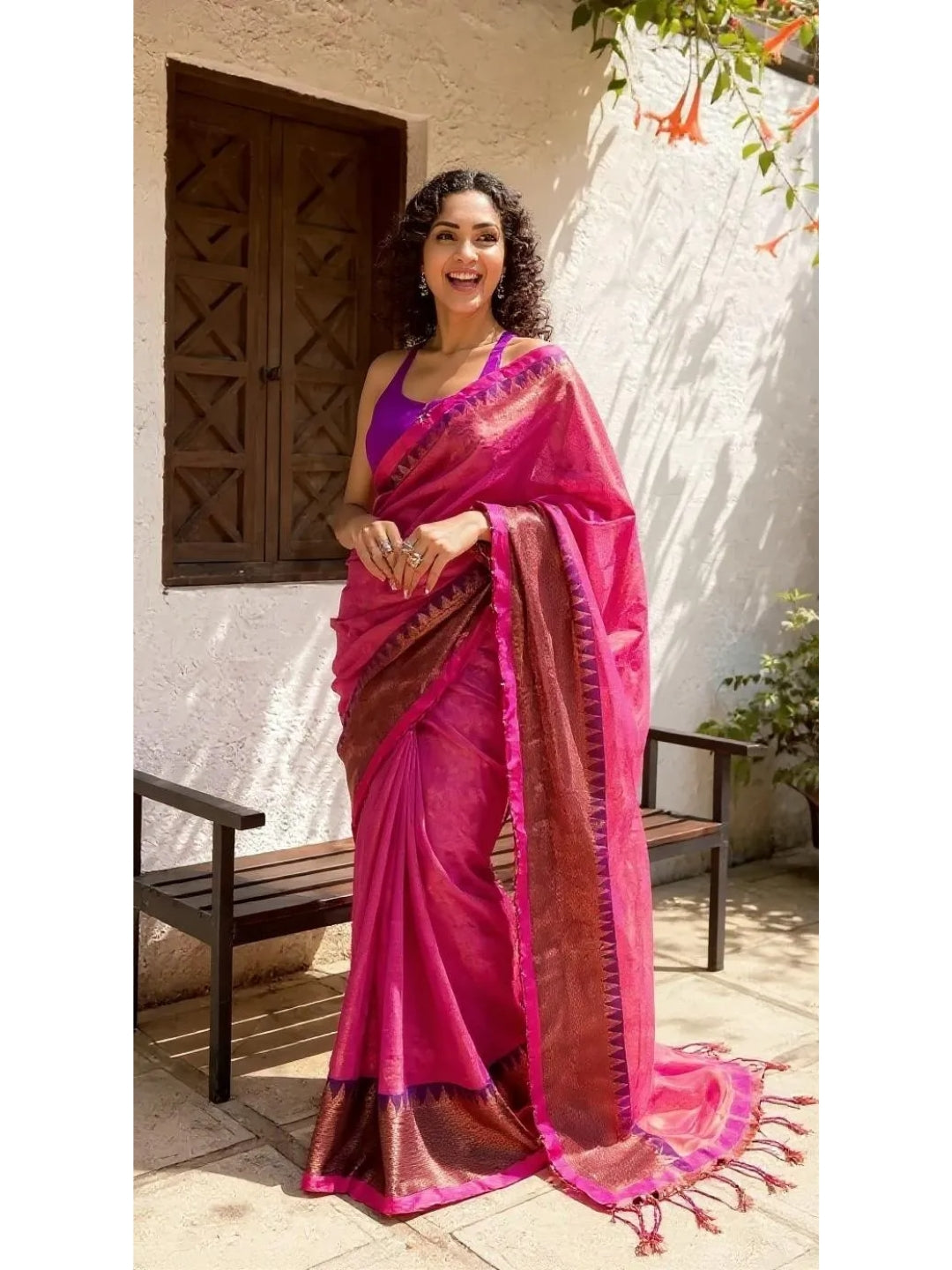 Aanchal - 1 minute Ready-to-wear saree in Pink in Tissue Cotton