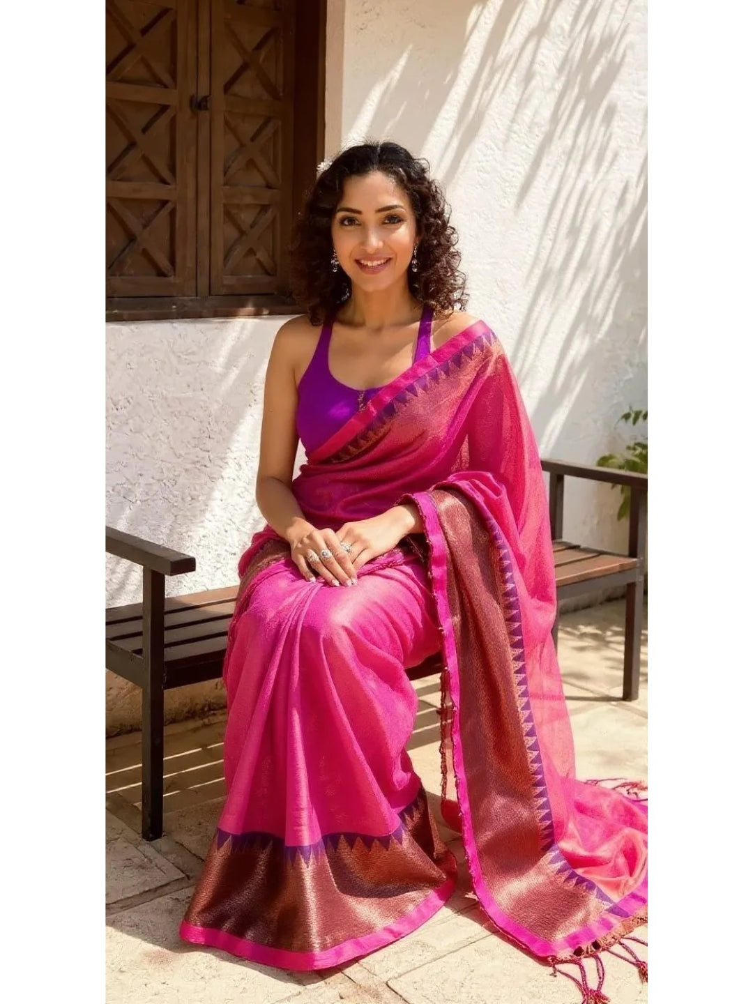 Aanchal - 1 minute Ready-to-wear saree in Pink in Tissue Cotton