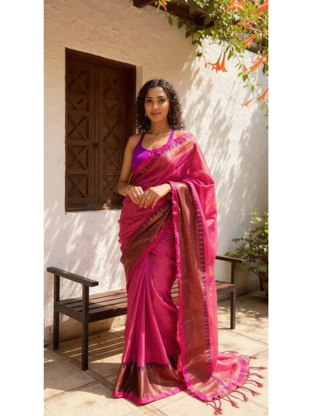Aanchal - 1 minute Ready-to-wear saree in Pink in Tissue Cotton
