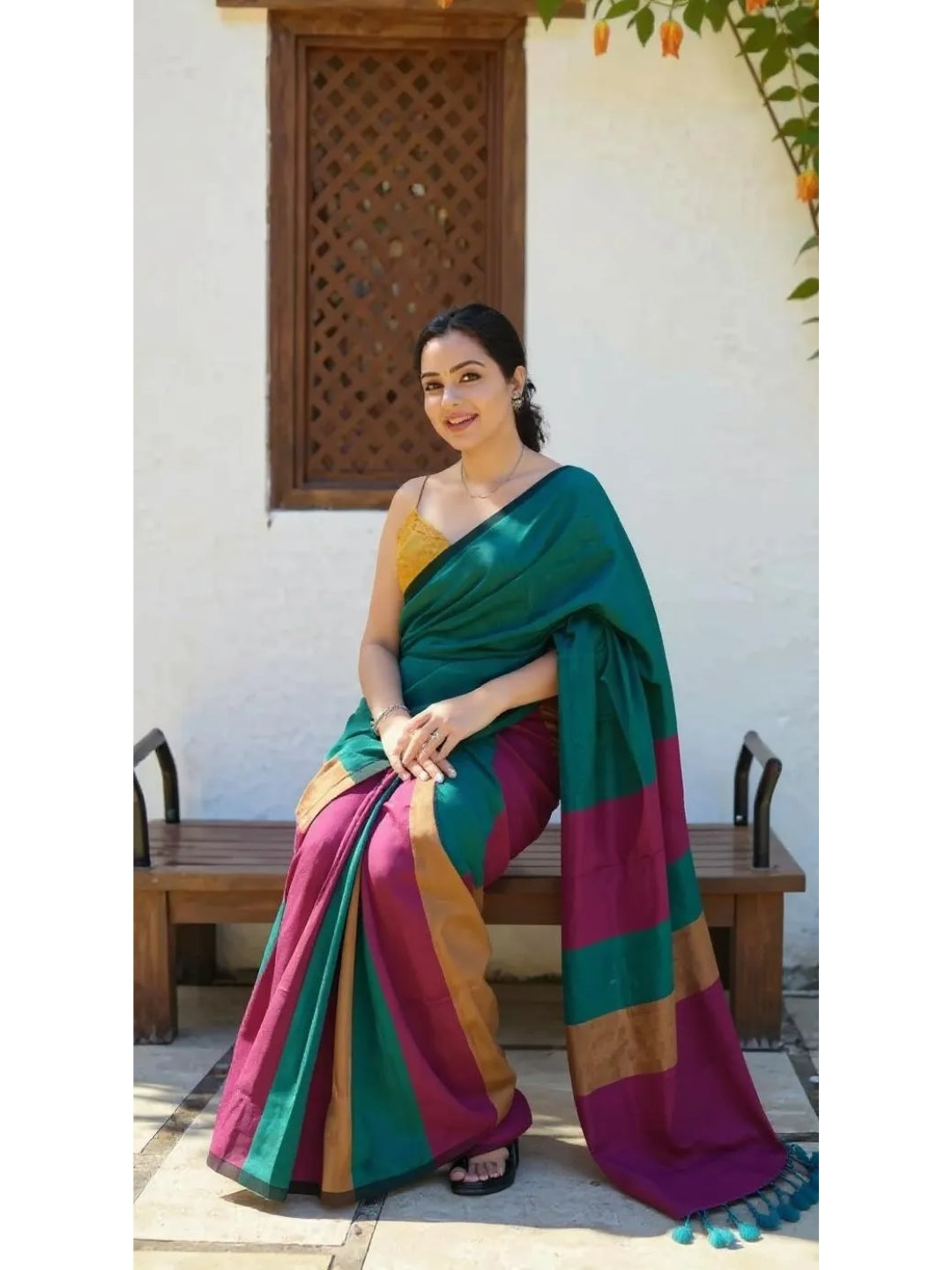 Aanchal - 1 minute Ready-to-wear saree in Teal with multicolor in Khadi fabric
