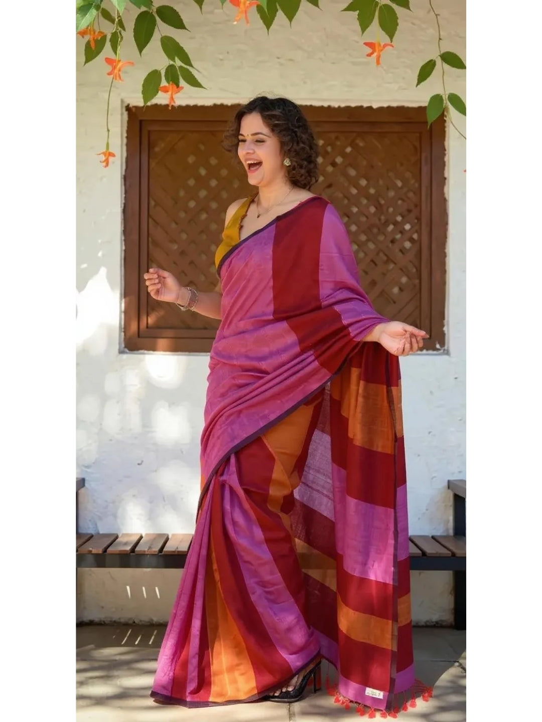 Aanchal - 1 minute Ready-to-wear saree in Pink with multicolor in Khadi fabric