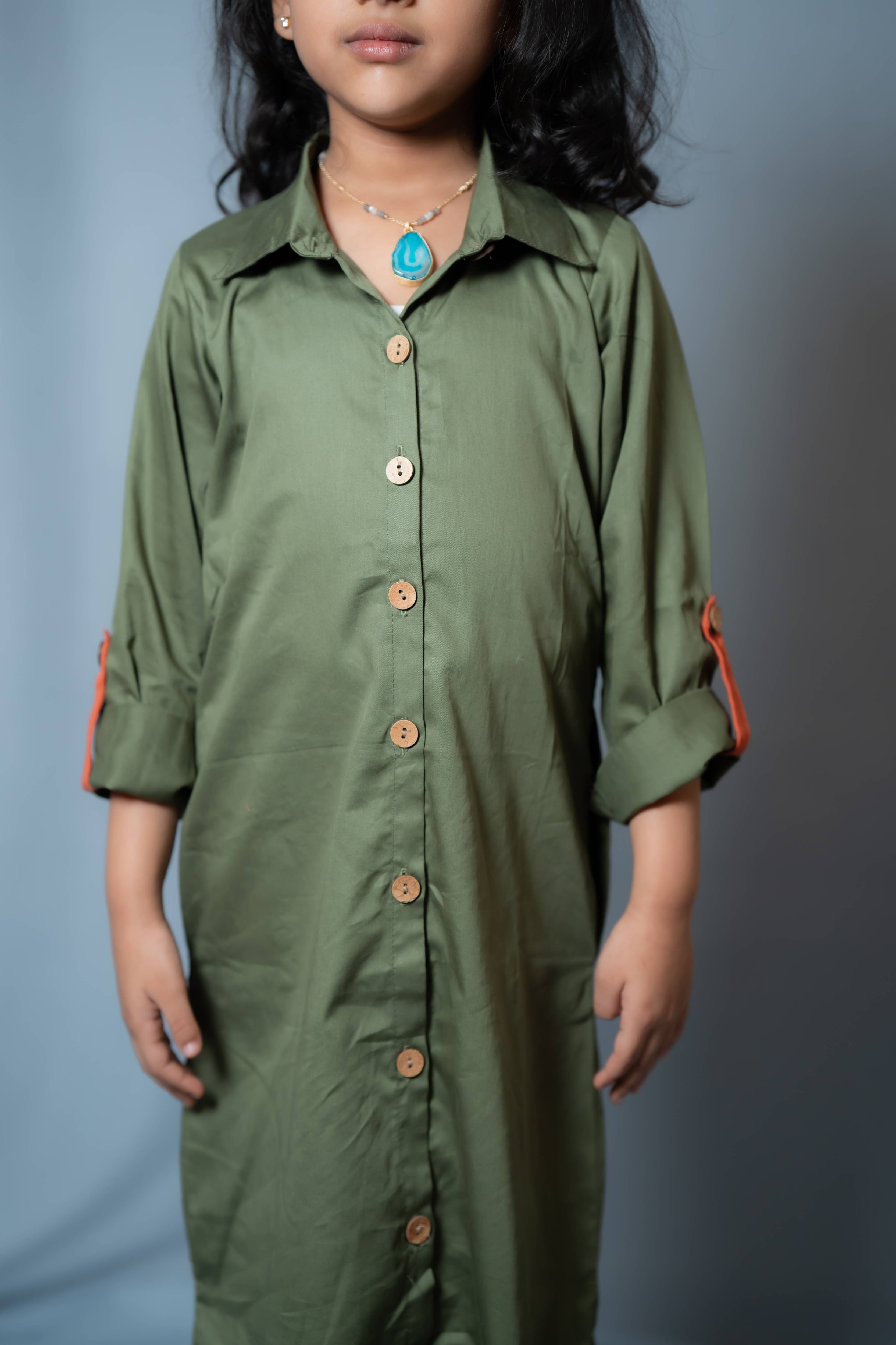 Autumn - Roll-up sleeve collared shirt dress in Olive pure cotton