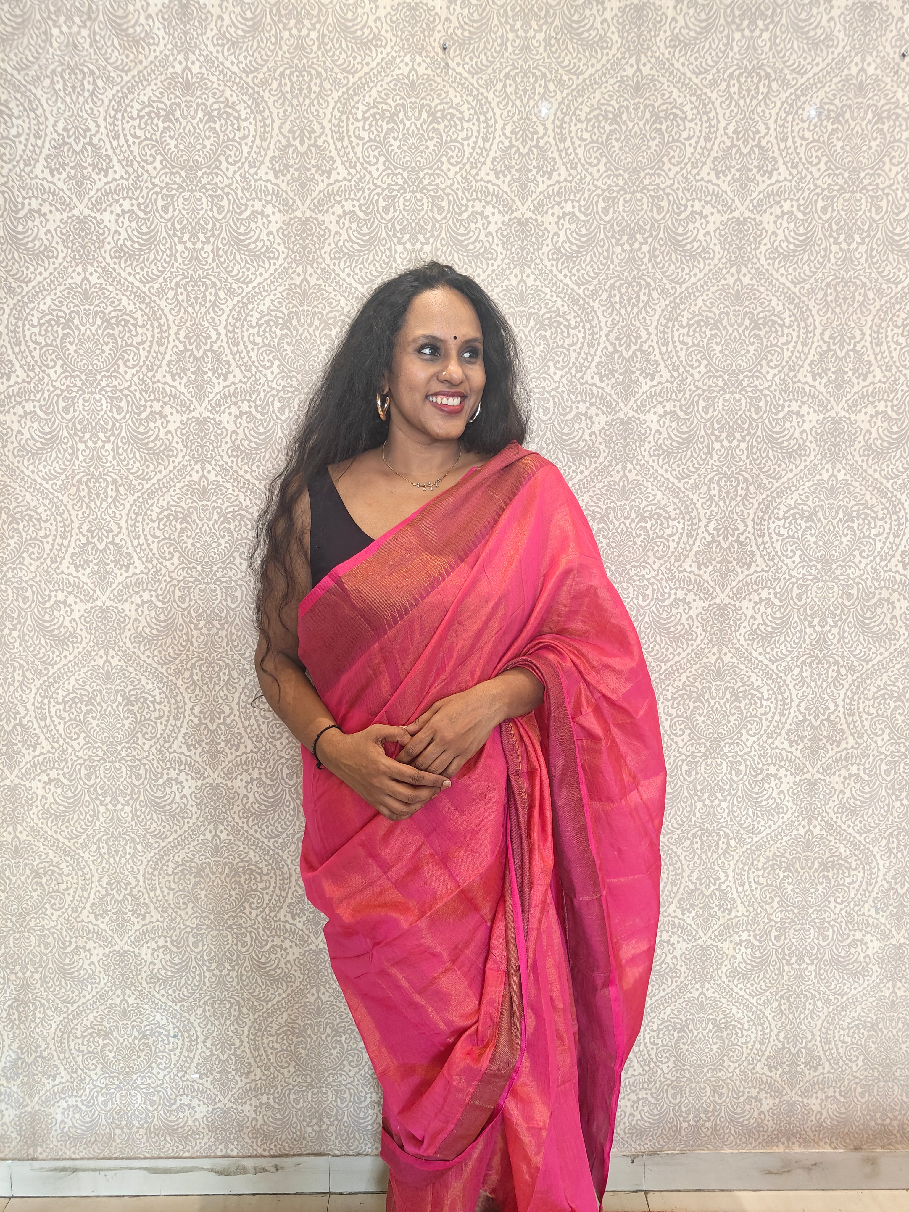 Aanchal - Saree (Unstitched) in Pink in Tissue Cotton