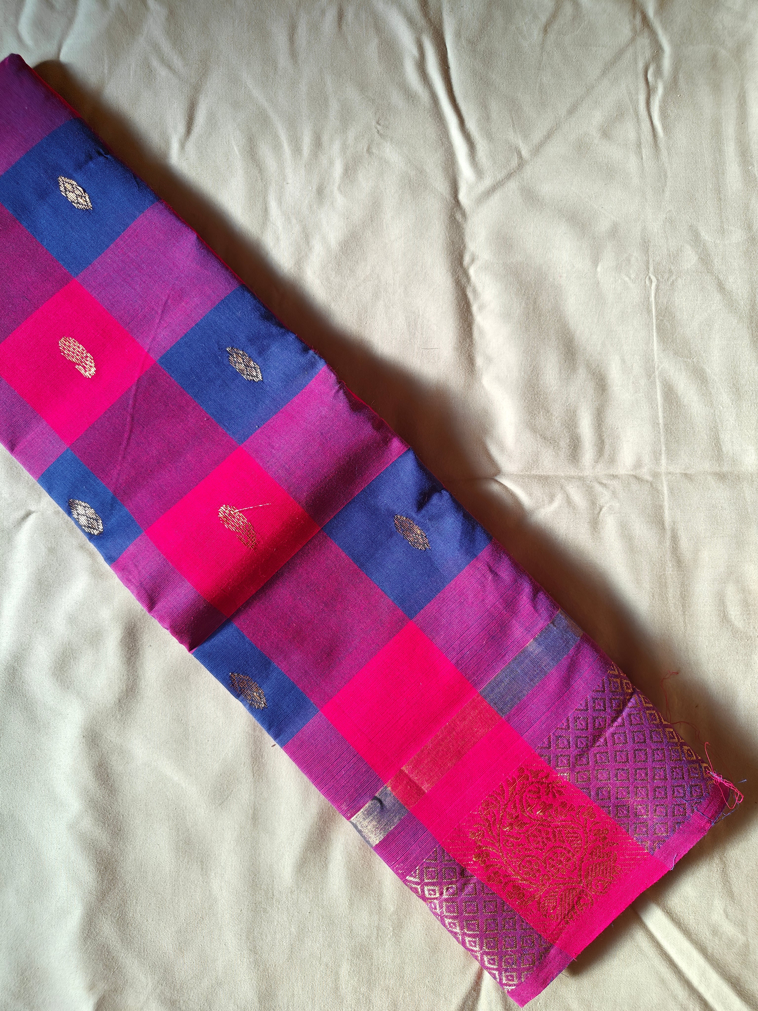 Kattam - 1 minute Ready-to-wear saree in Chettinad cotton in Pink and blue checks