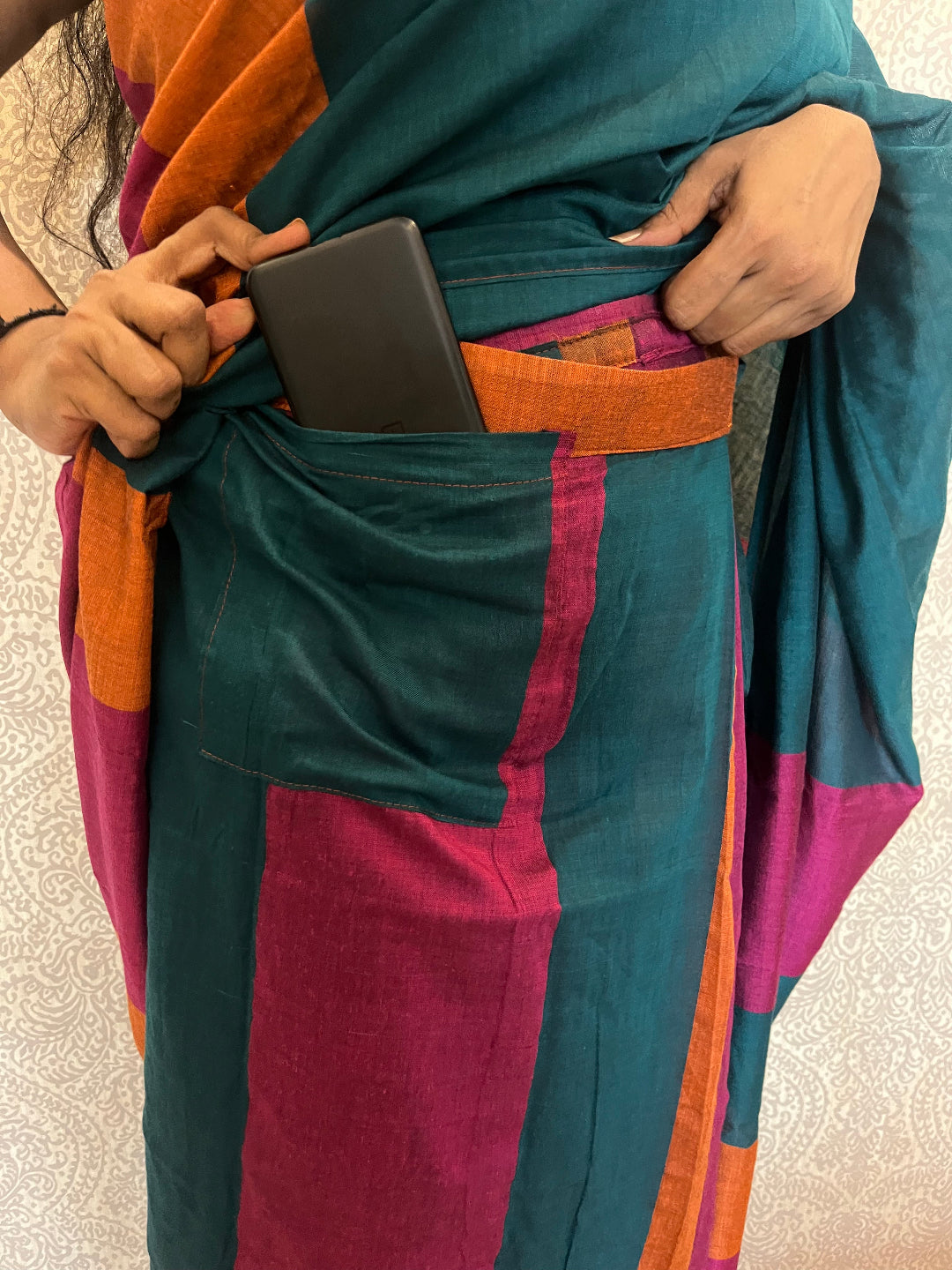 Aanchal - 1 minute Ready-to-wear saree in Teal with multicolor in Khadi fabric