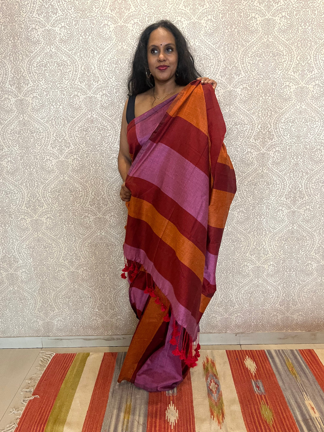 Aanchal - 1 minute Ready-to-wear saree in Pink with multicolor in Khadi fabric