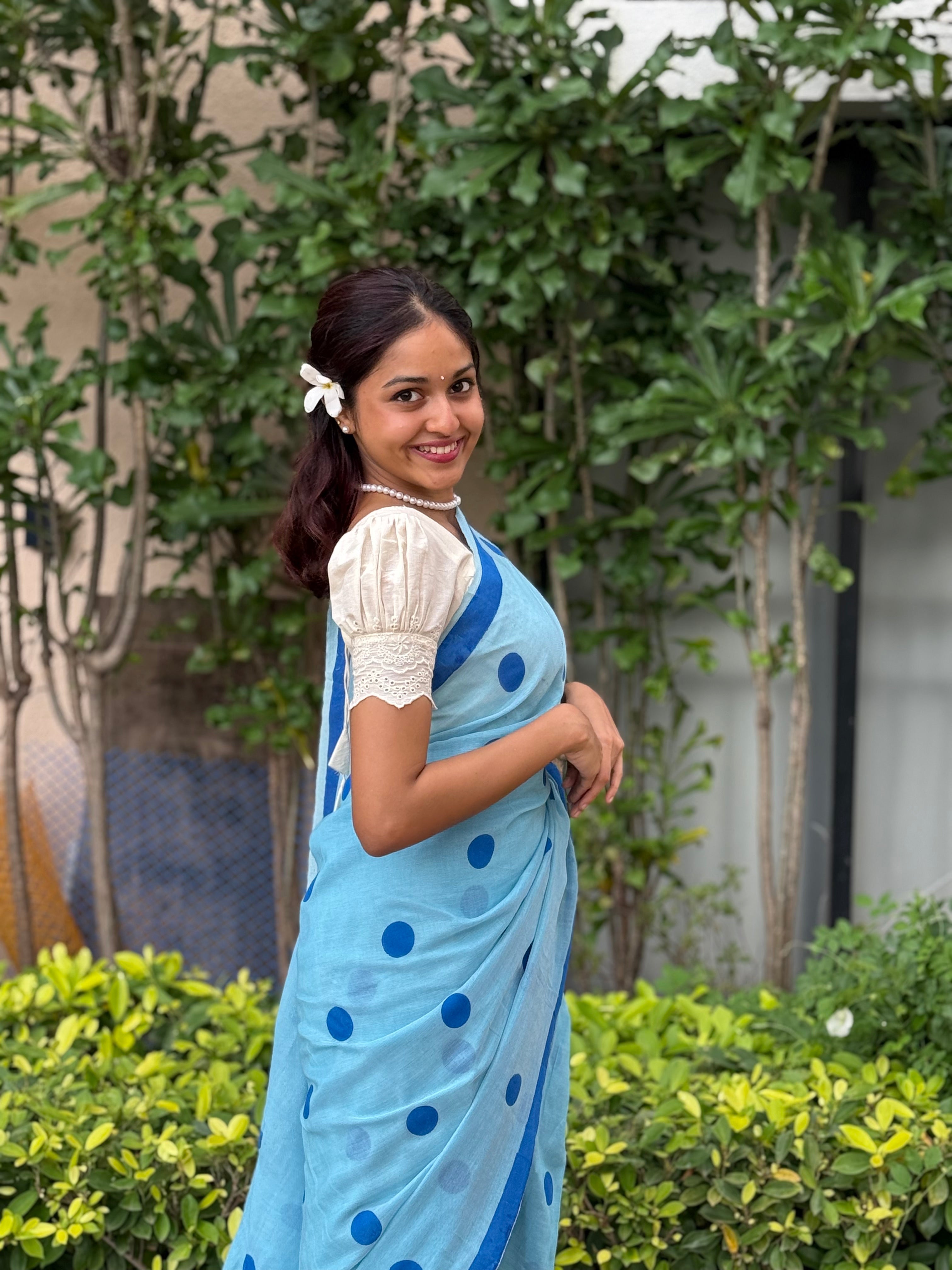 Aanchal - Saree (Unstitched) in Blue Polka in Khadi fabric