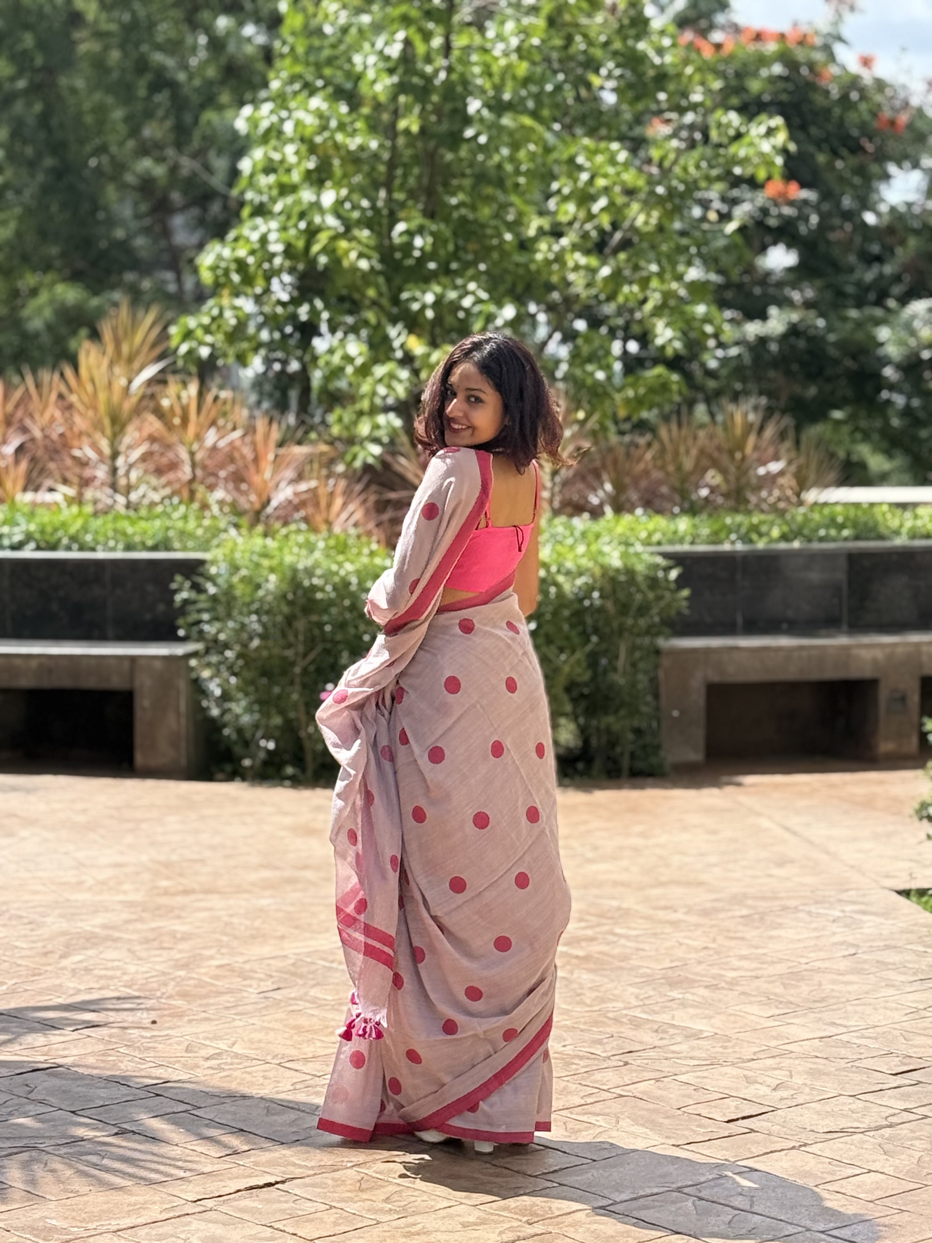 Aanchal - 1 minute Ready-to-wear saree in Beige Polka in Khadi fabric