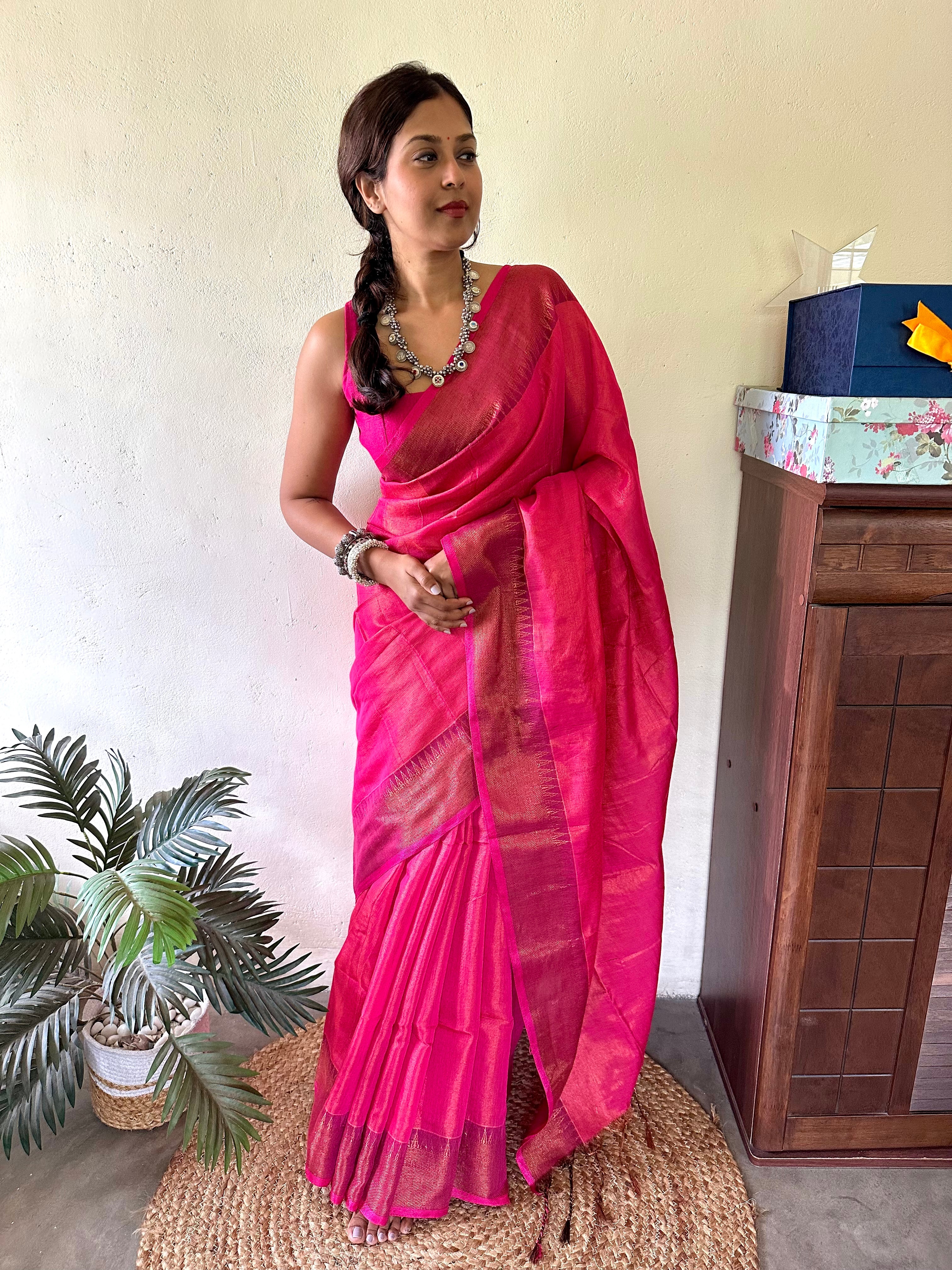 Aanchal - Saree (Unstitched) in Pink in Tissue Cotton
