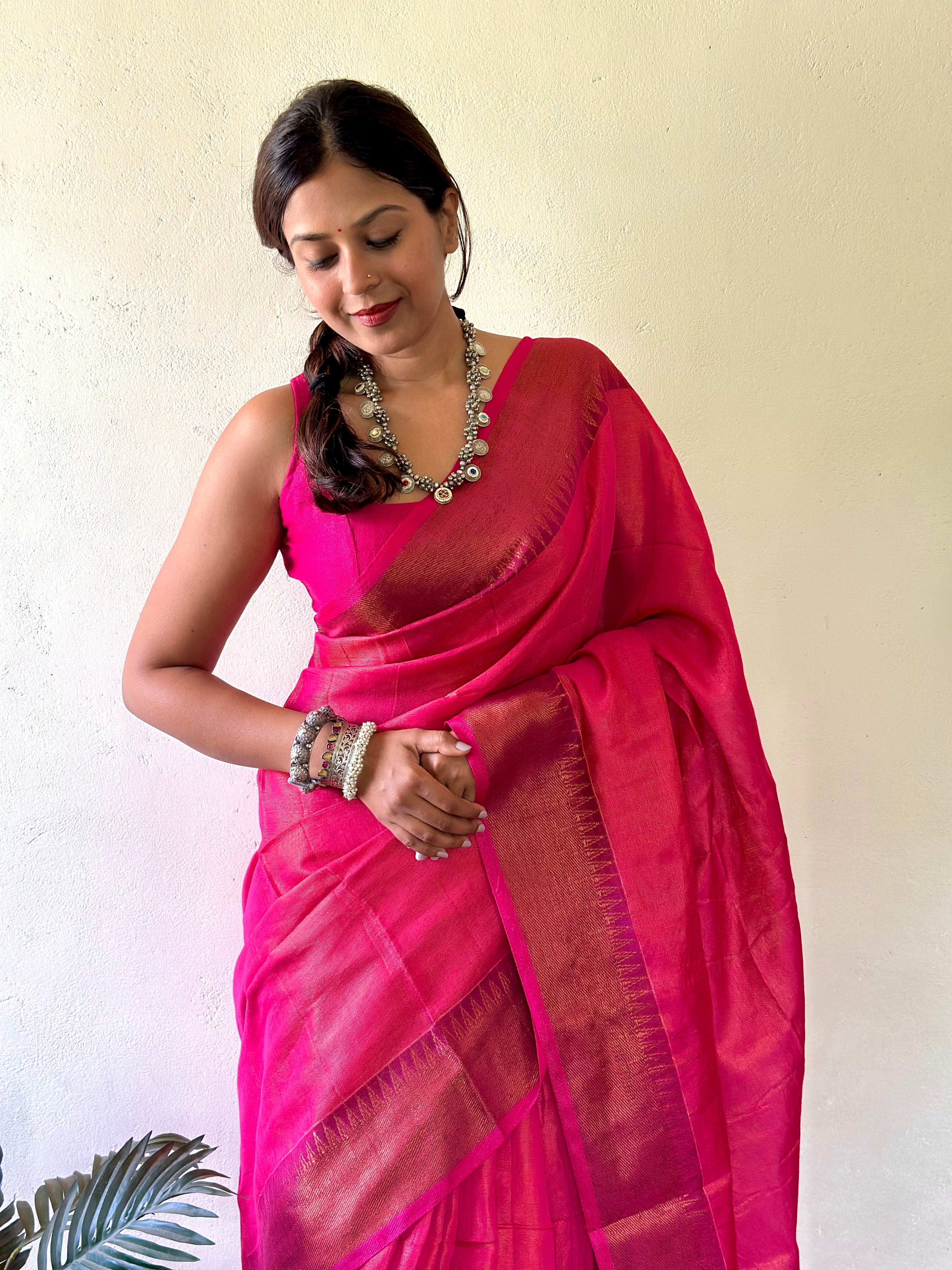 Aanchal - 1 minute Ready-to-wear saree in Pink in Tissue Cotton