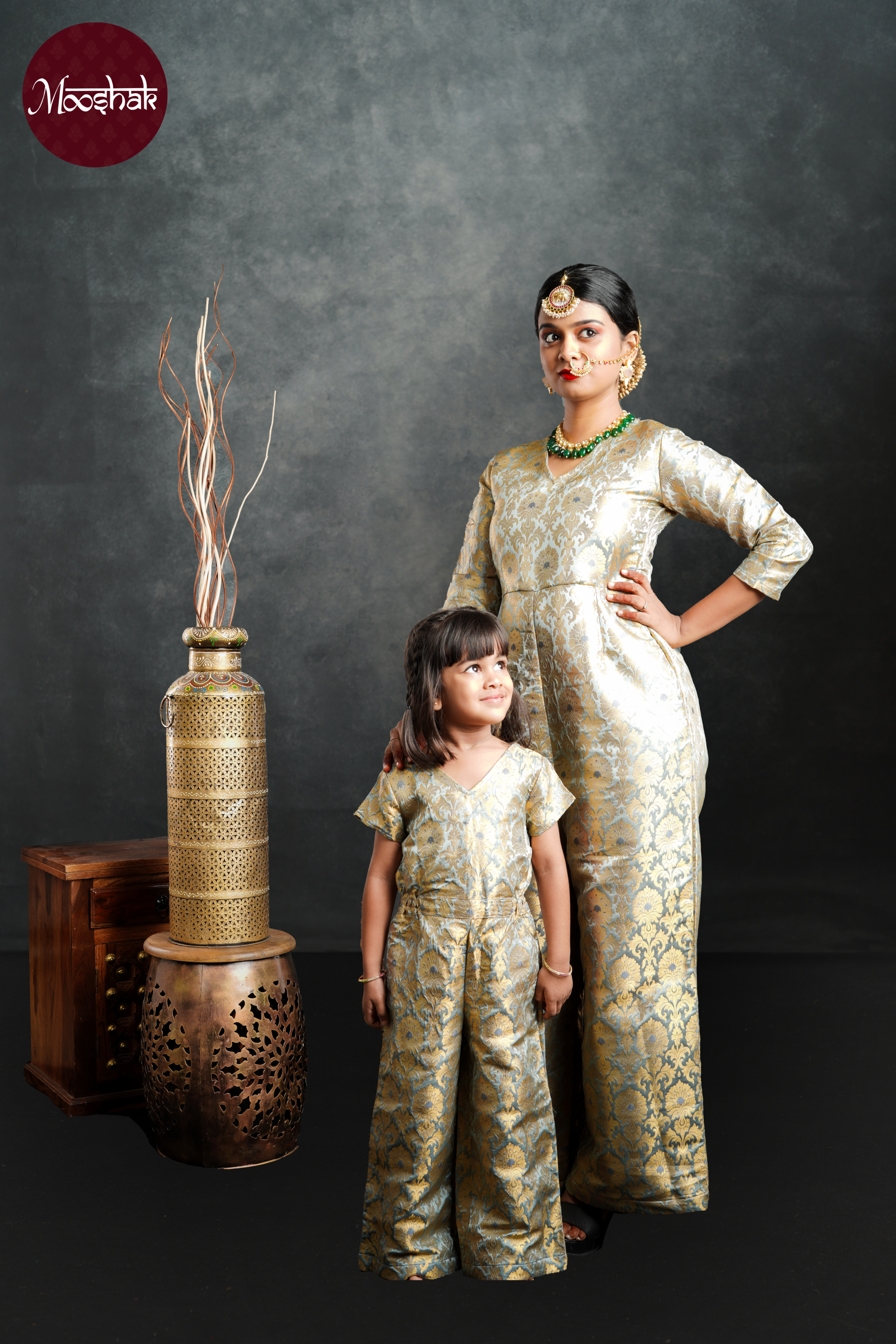 Mother Daughter Matching Ethnic Jumpsuit in Pastel Grey