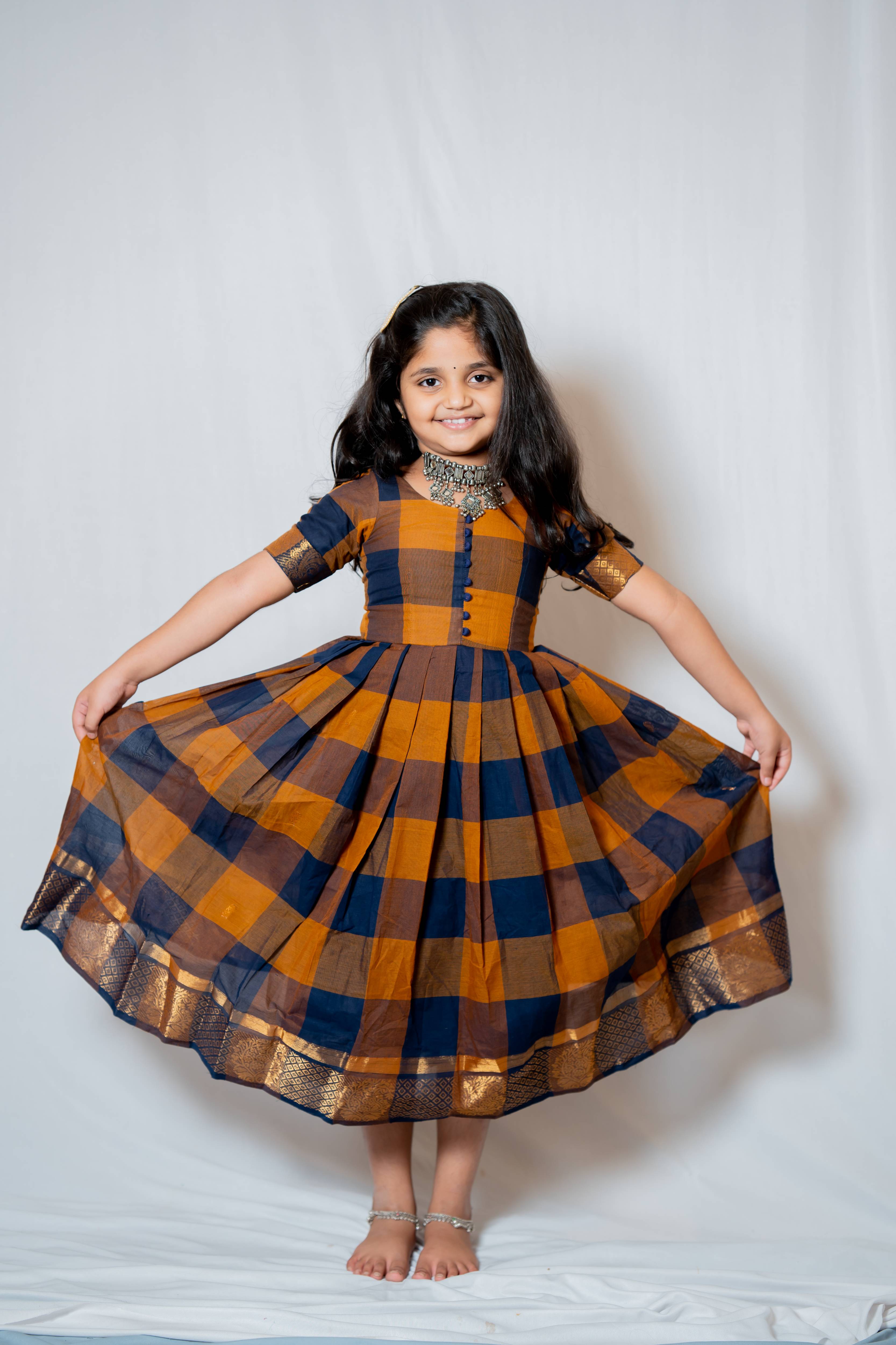 Kattam - Anarkali dress in chettinad cotton in Brown and mustard checks