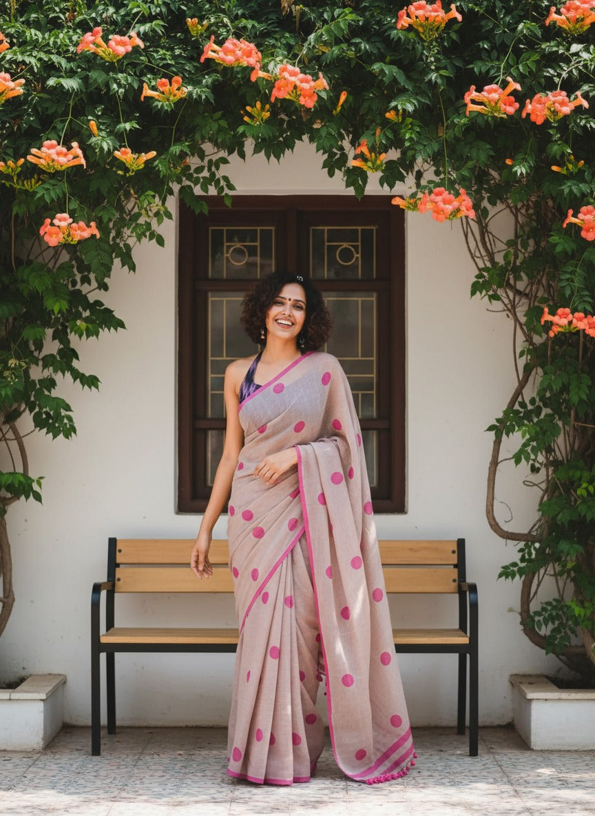 Aanchal - Saree (Unstitched) in Beige Polka in Khadi fabric