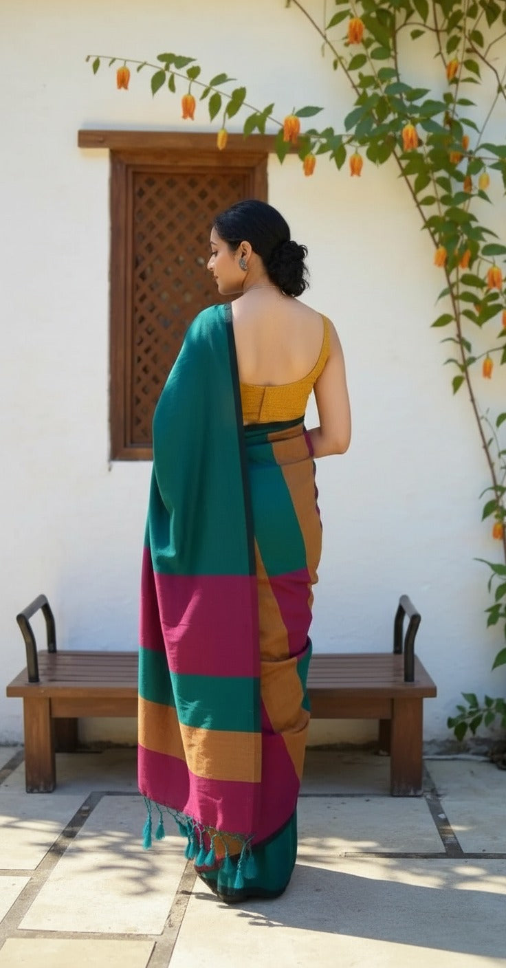 Aanchal - 1 minute Ready-to-wear saree in Teal with multicolor in Khadi fabric