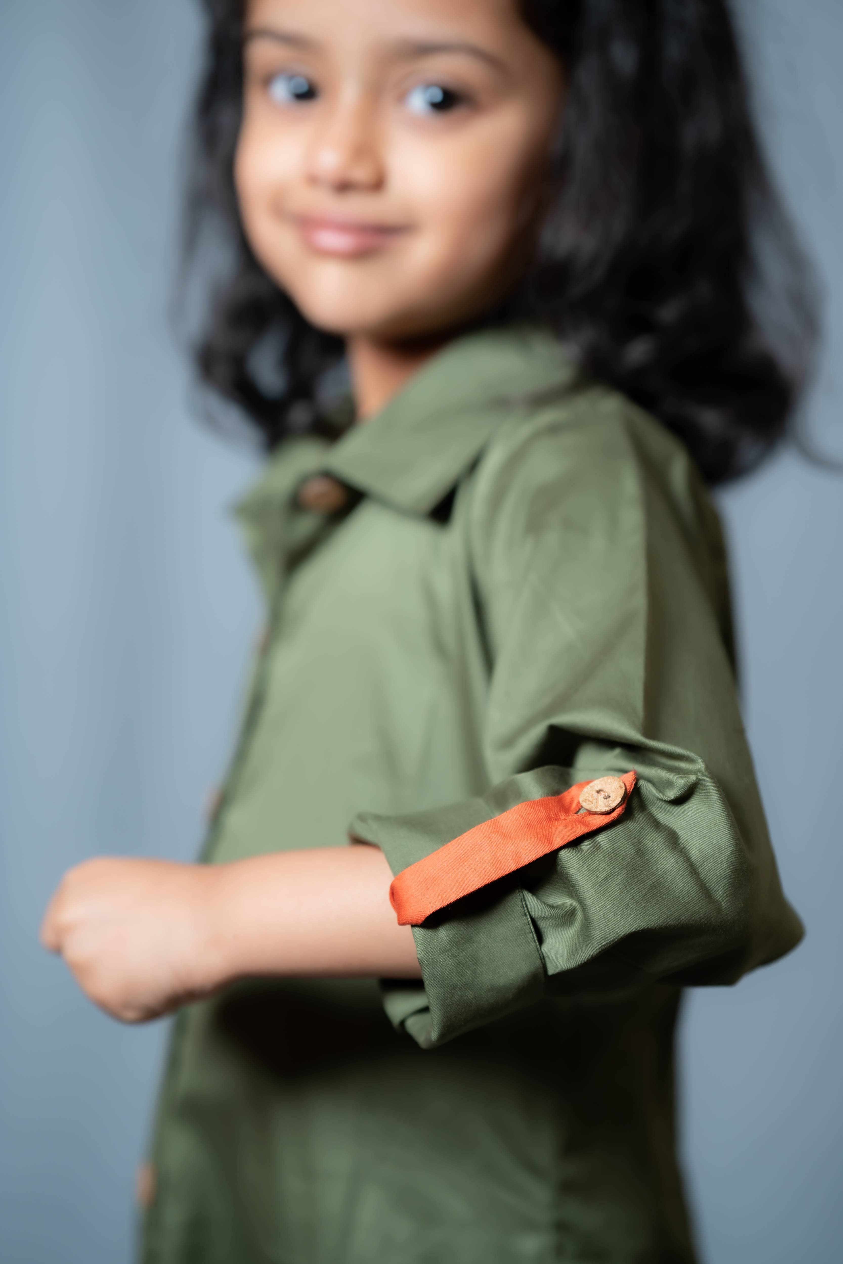 Autumn - Roll-up sleeve collared shirt dress in Olive pure cotton