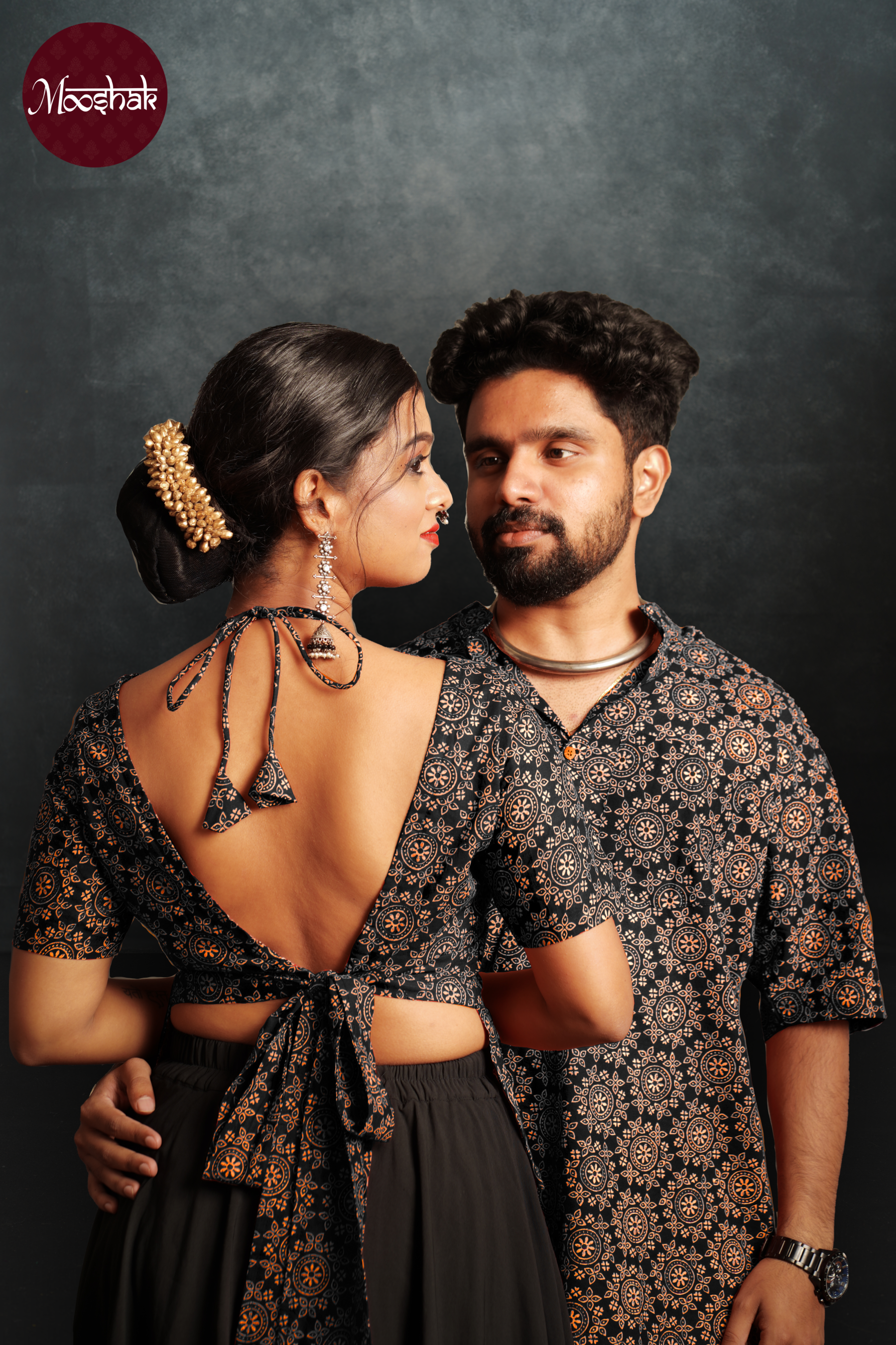 Dhaani-Backless blouse - Blouses in Black Ajrakh with circle print