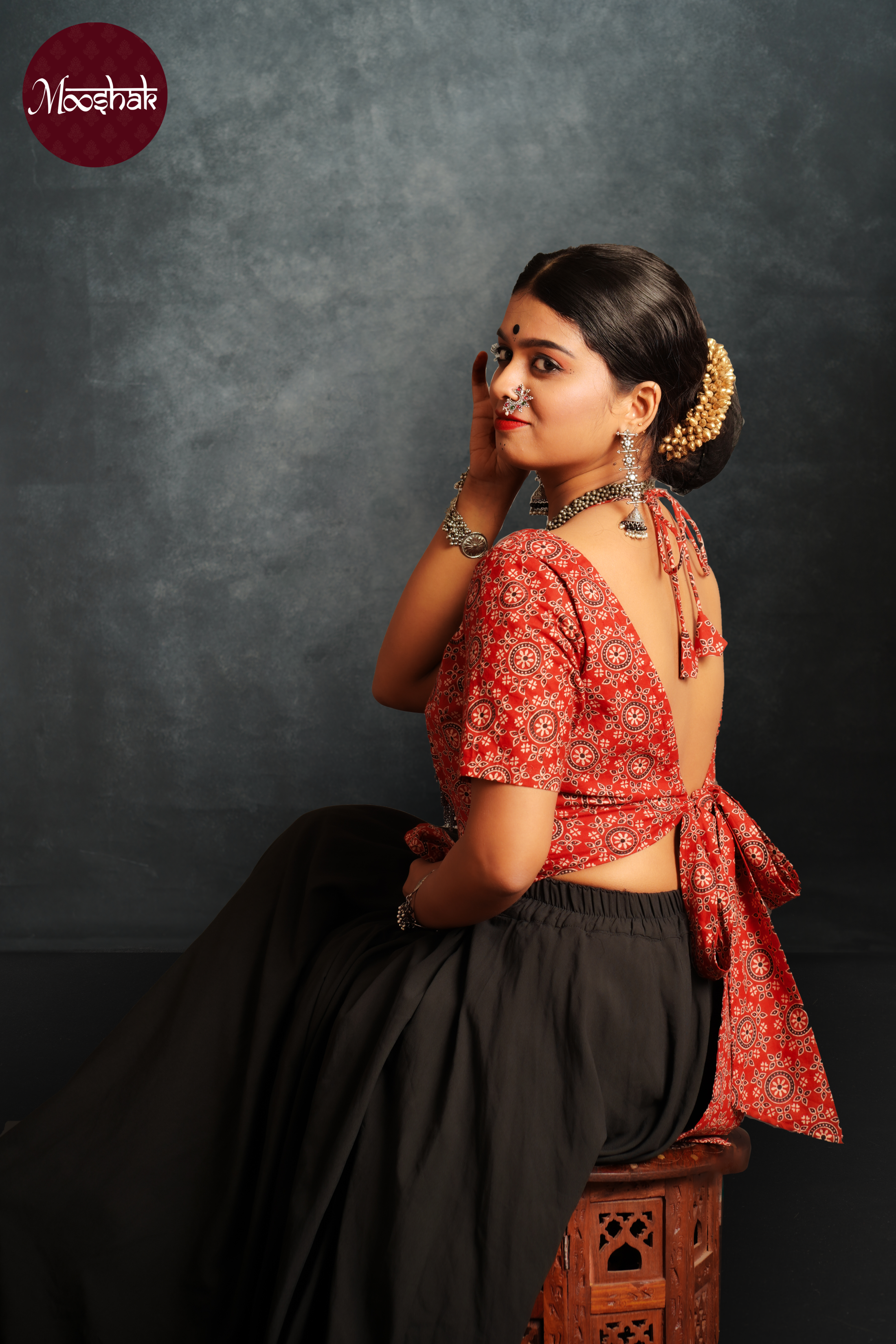 Dhaani-Backless blouse - Blouses in Red Ajrakh with circle print