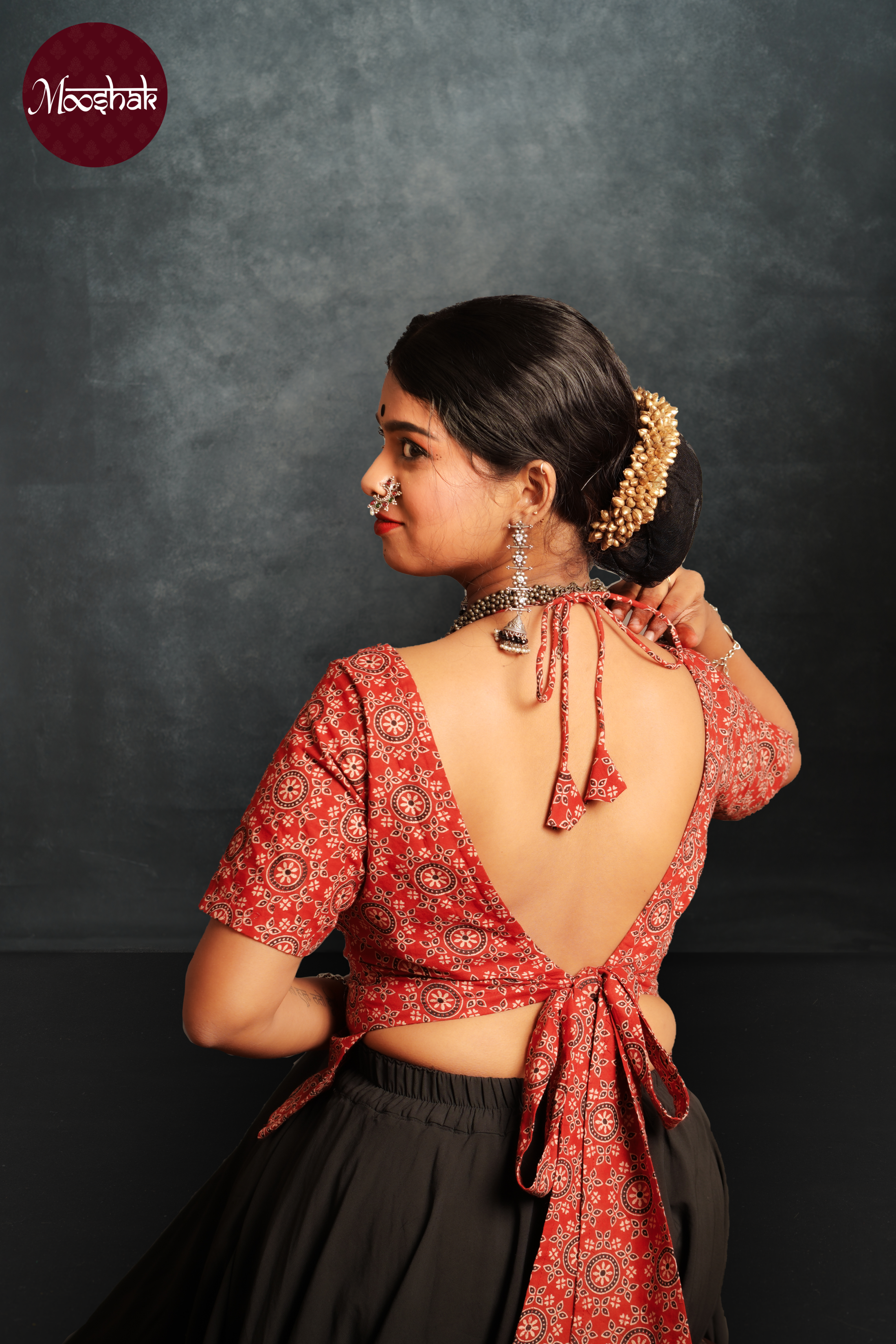 Dhaani-Backless blouse - Blouses in Red Ajrakh with circle print