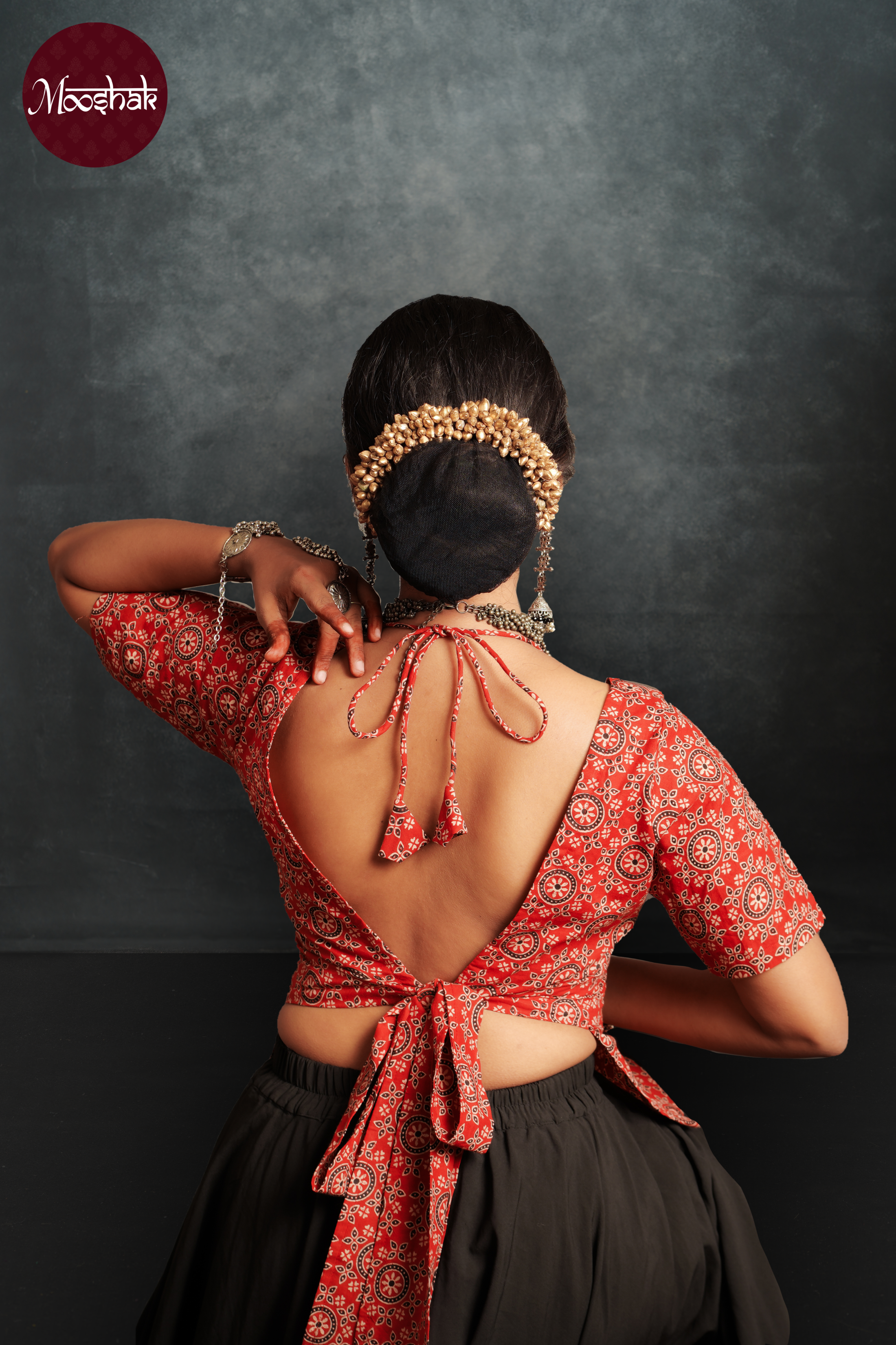 Dhaani-Backless blouse - Blouses in Red Ajrakh with circle print