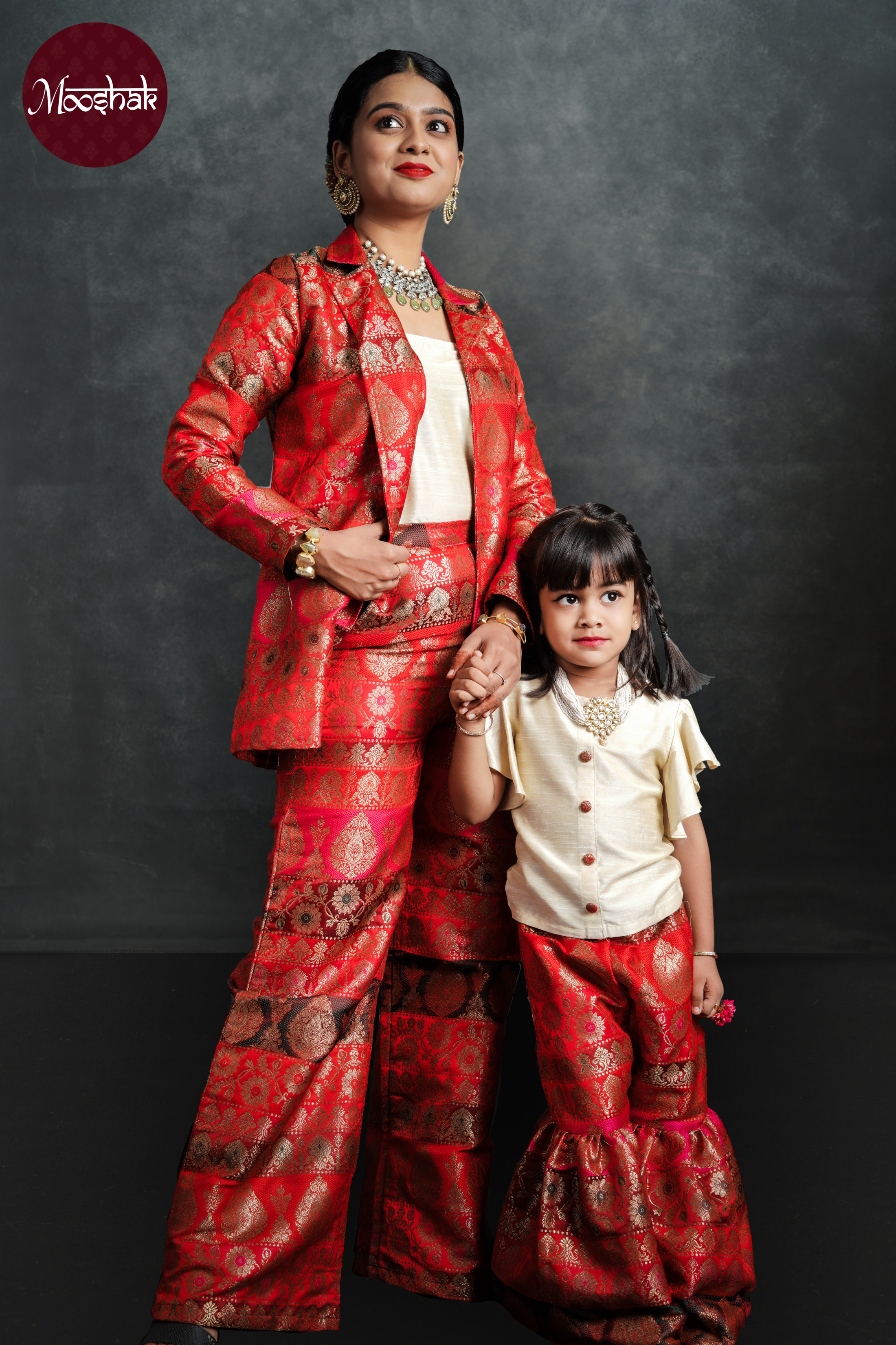 Maya - Blazer Set in Multicolor red brocade with offwhite