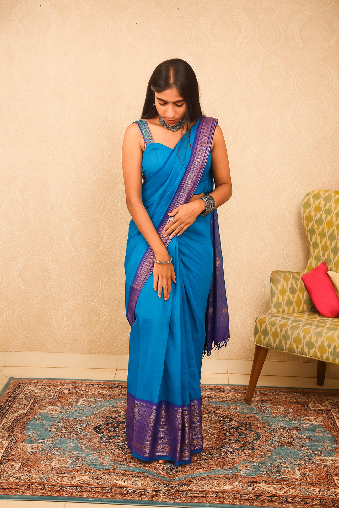 Varnam - 1 minute Ready-to-wear saree in Blue color in Kanchi Cotton