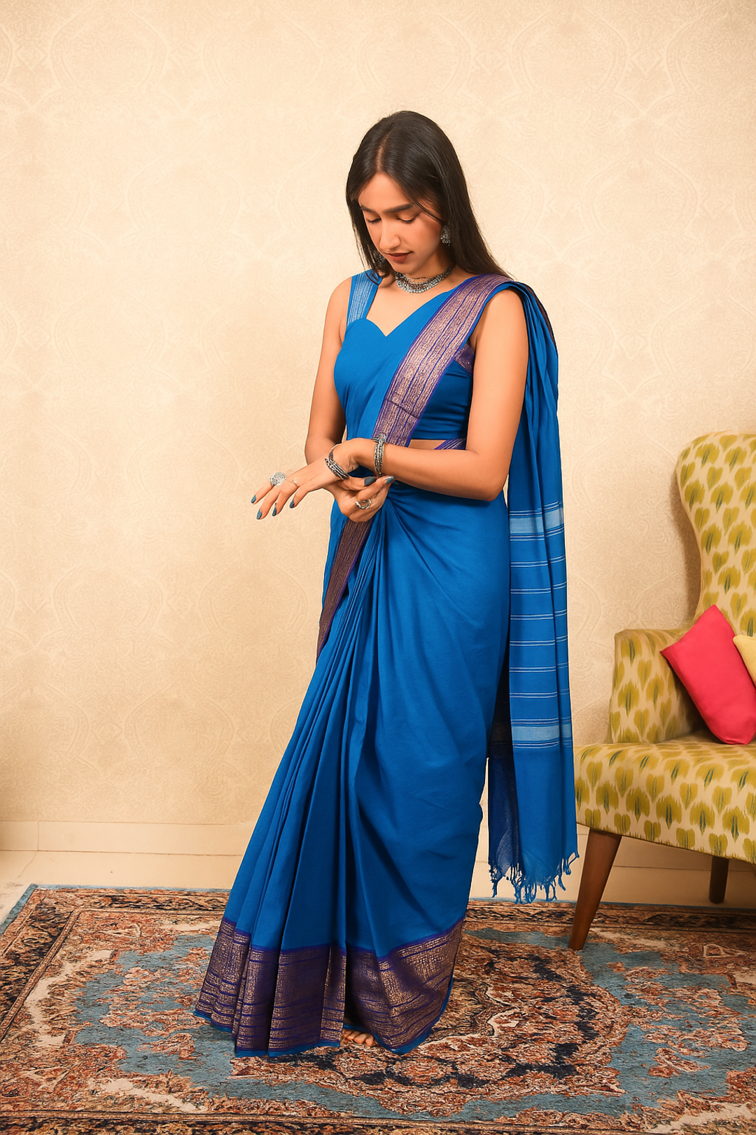 Varnam - 1 minute Ready-to-wear saree in Blue color in Kanchi Cotton