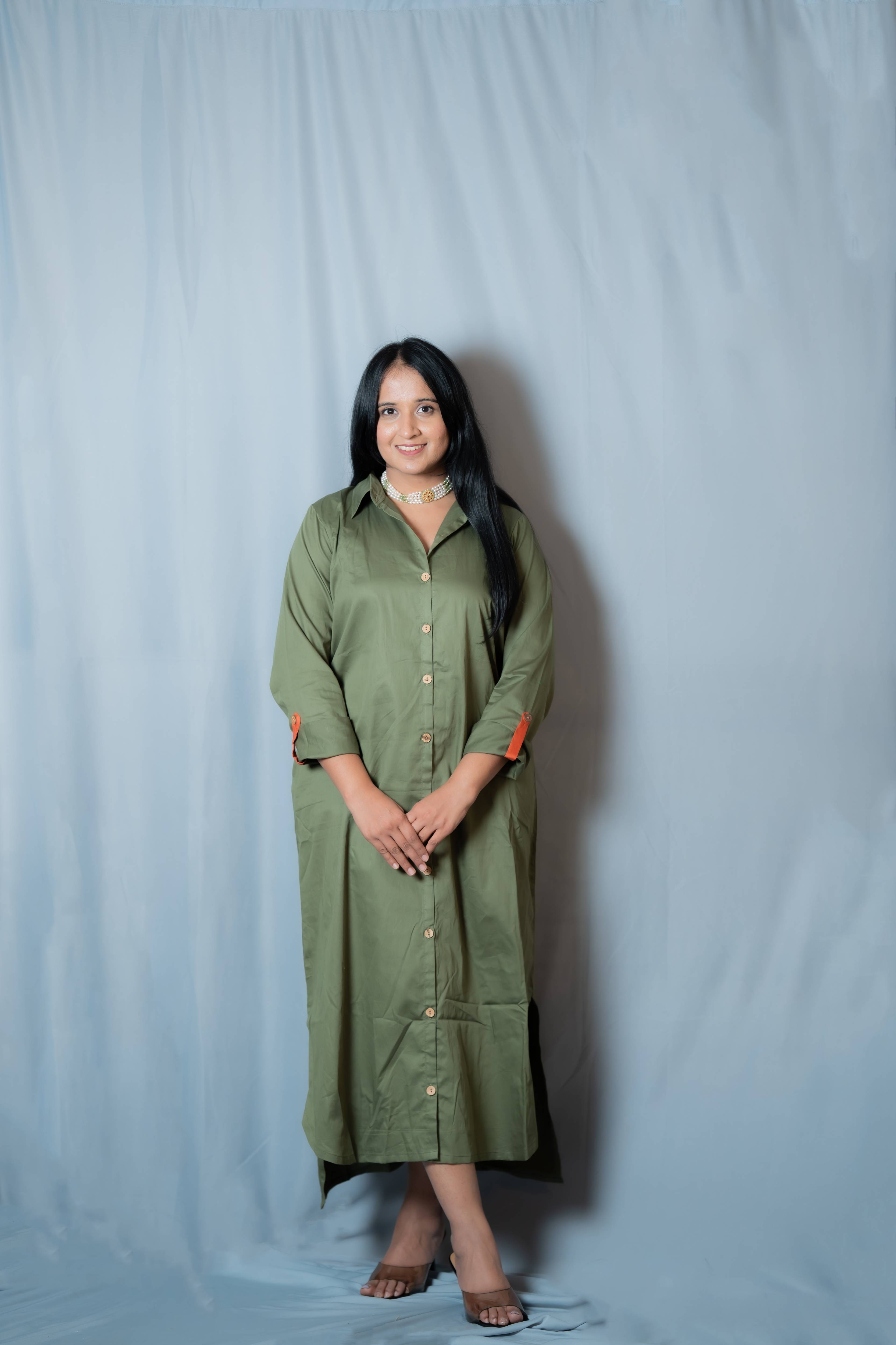 Autumn - Roll-up sleeve collared shirt dress in Olive pure cotton