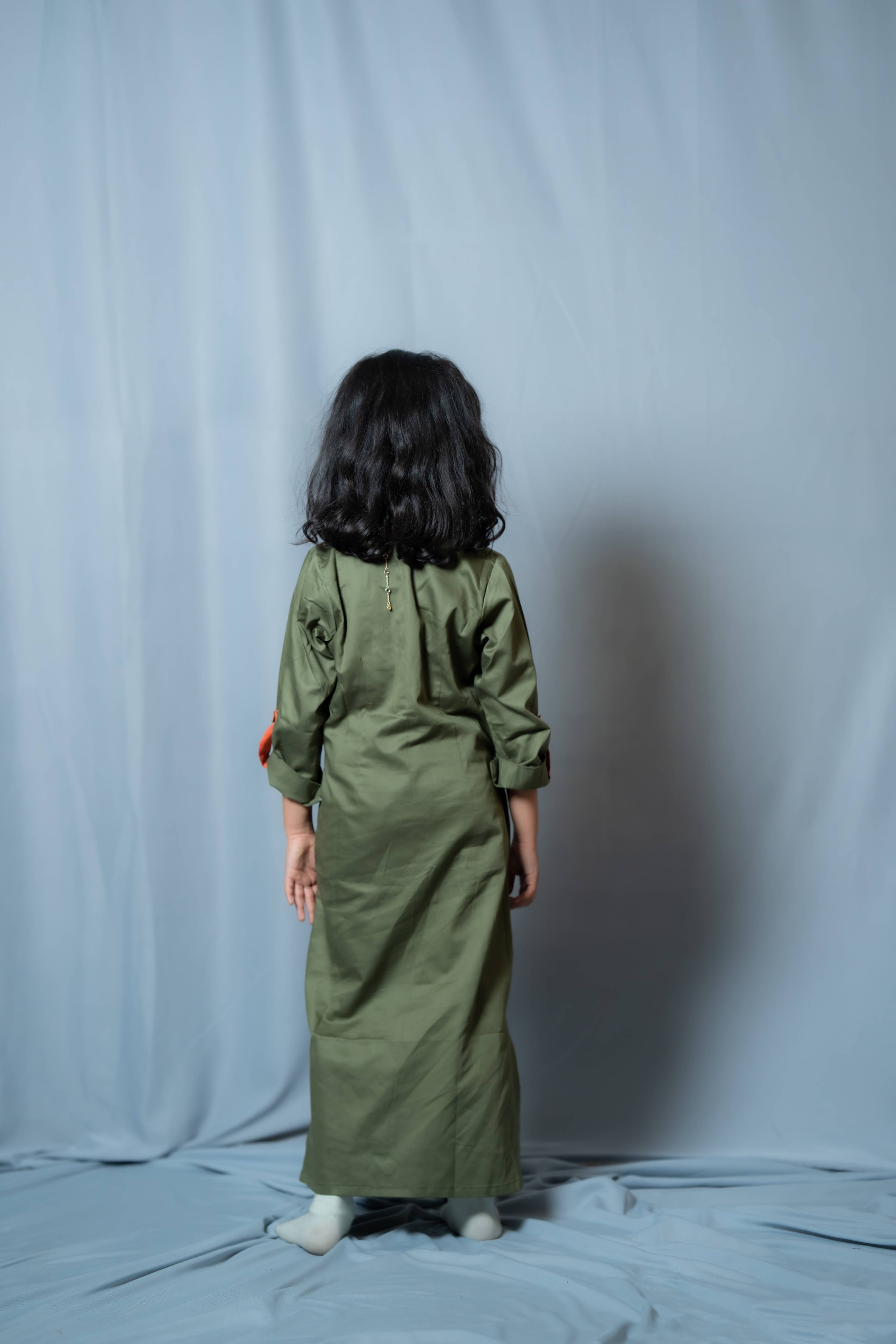 Autumn - Roll-up sleeve collared shirt dress in Olive pure cotton