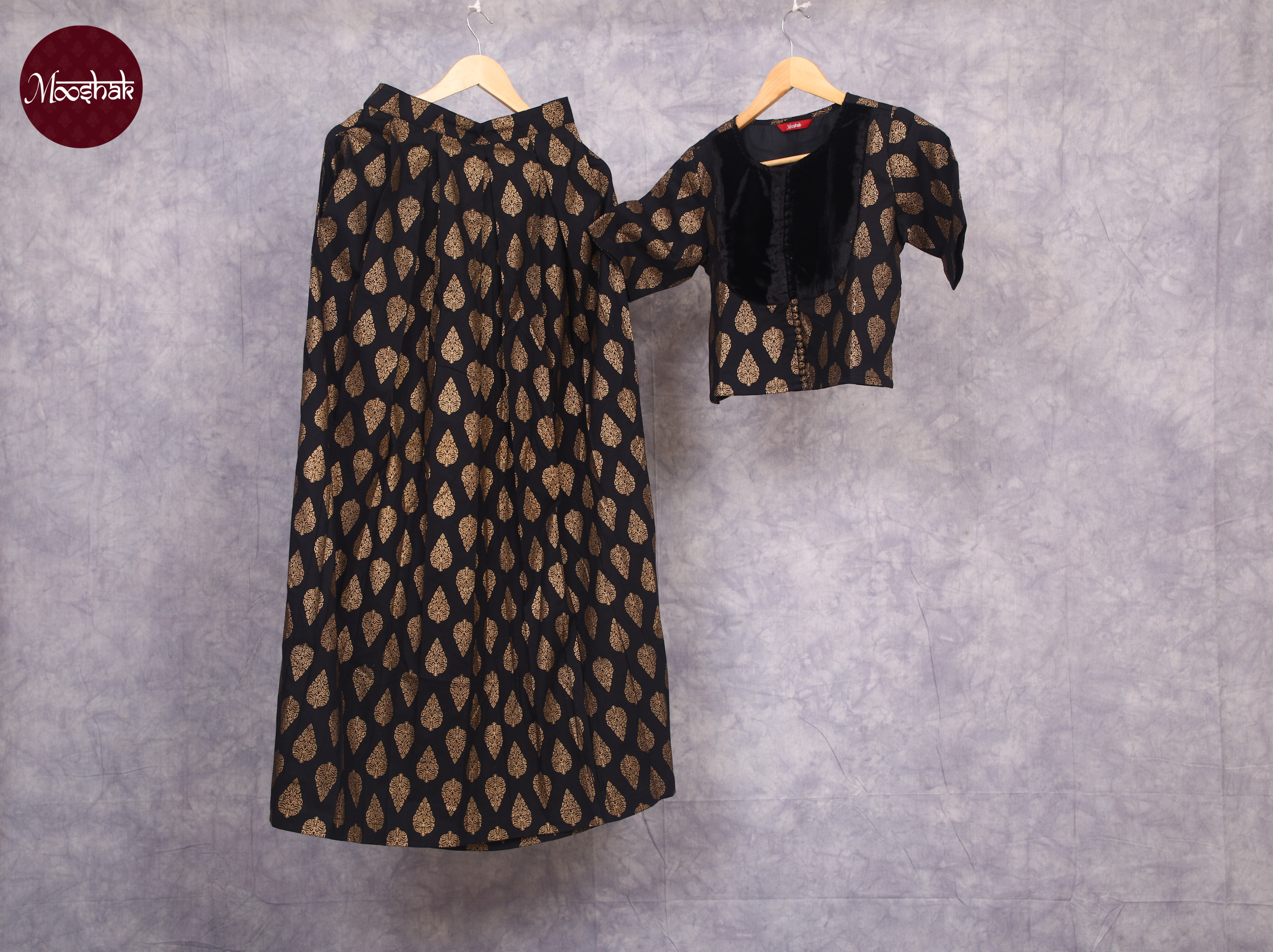 Jashn - Skirt and Top in Black with gold foil print