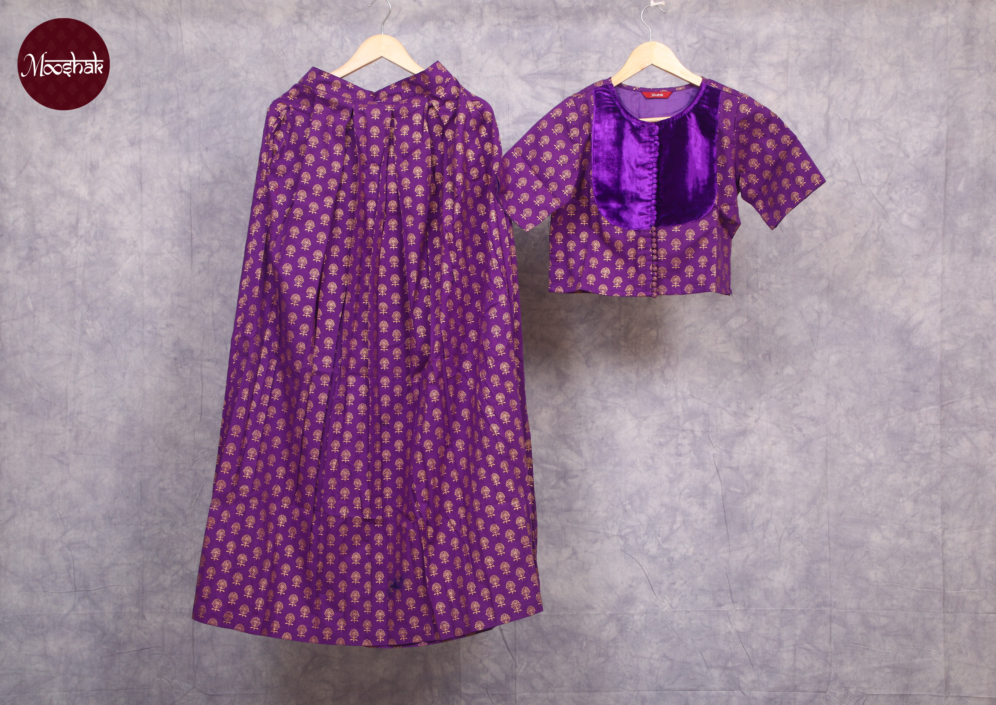 Jashn - Skirt and Top in Purple with gold foil print