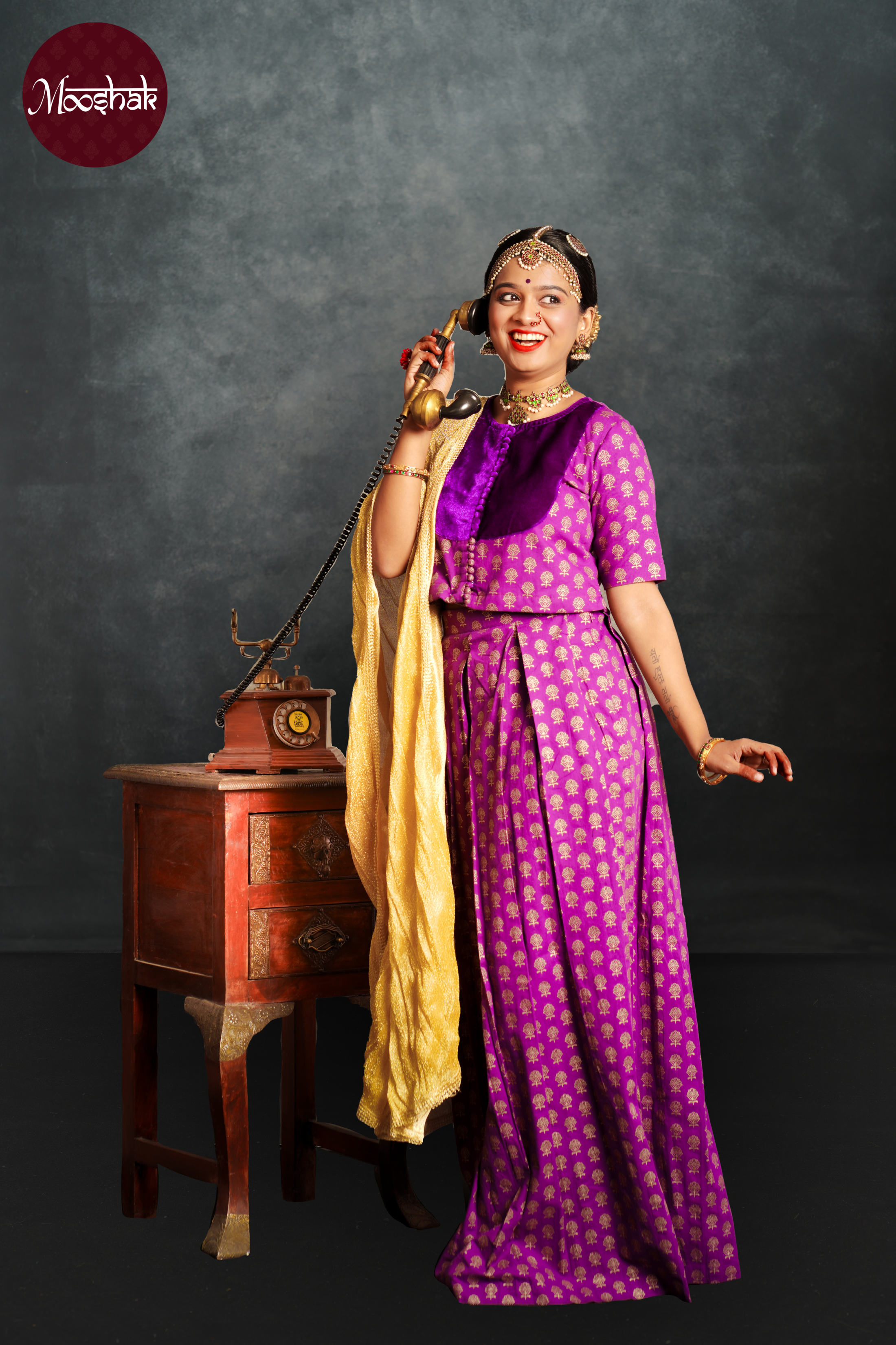 Jashn - Skirt and Top in Purple with gold foil print