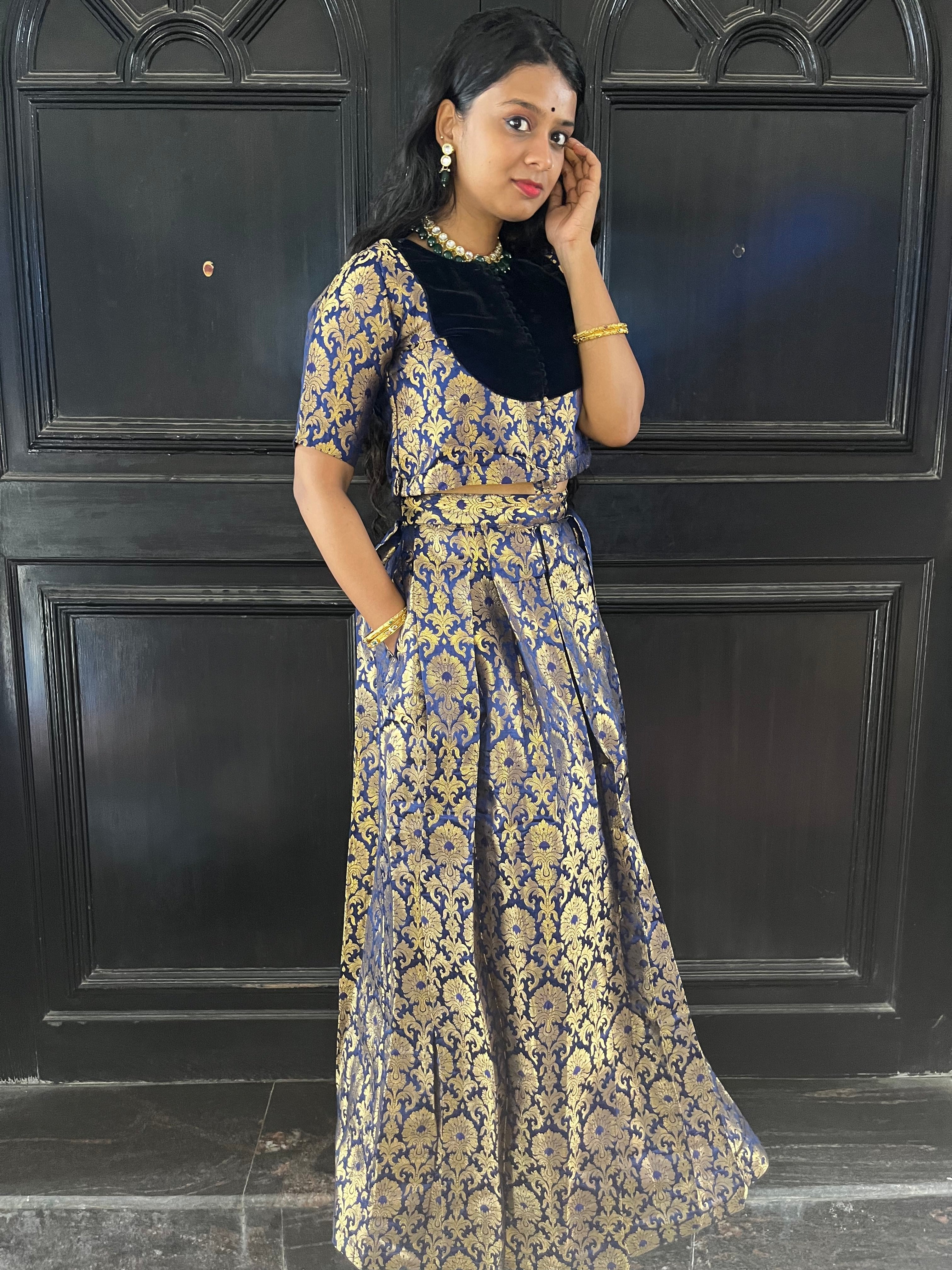 Jashn - Skirt and Top in Royal blue with gold zari work
