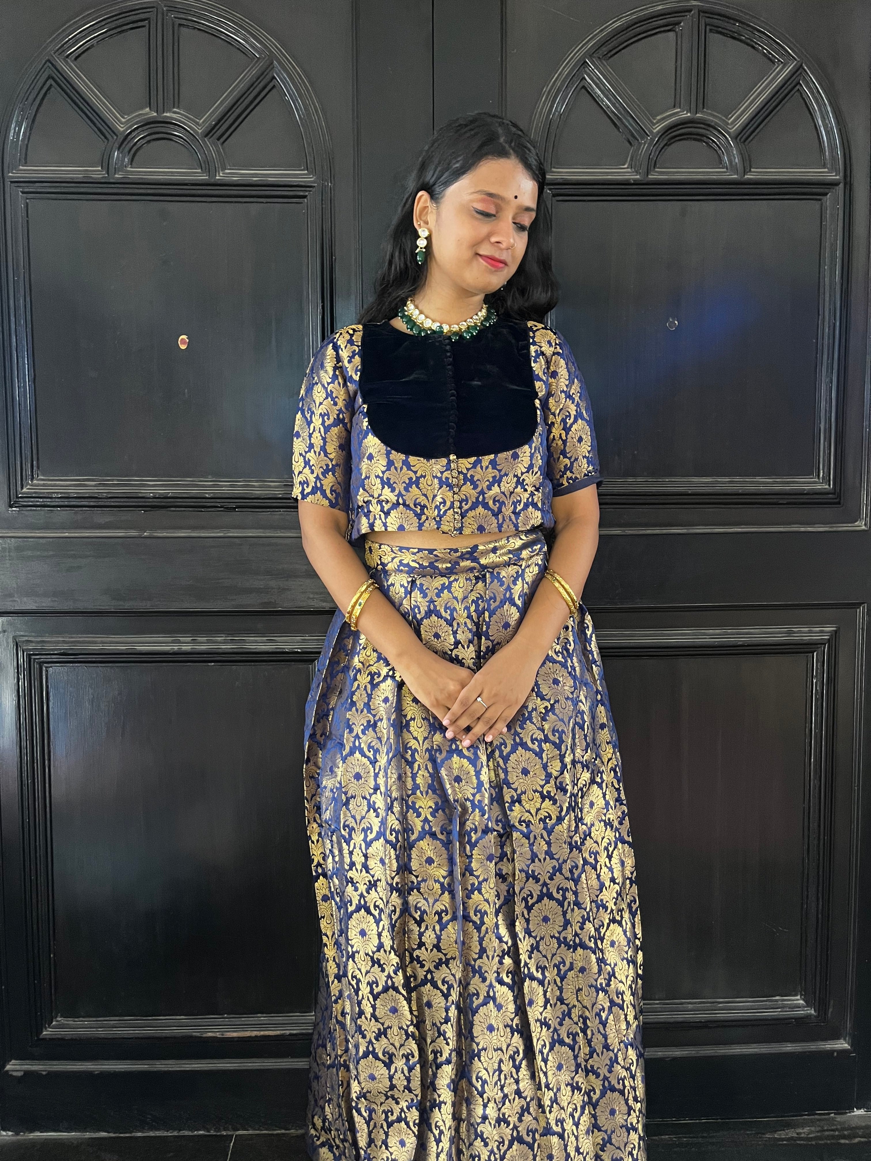 Jashn - Skirt and Top in Royal blue with gold zari work