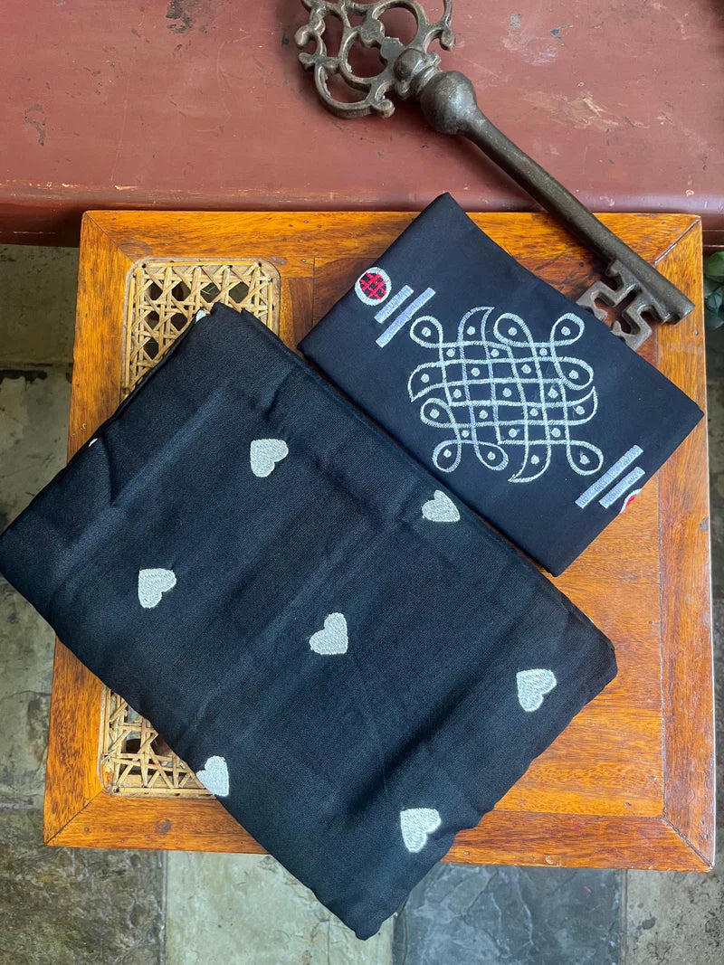 Aanchal - Saree (Unstitched) in Black heart in Khadi Fabric