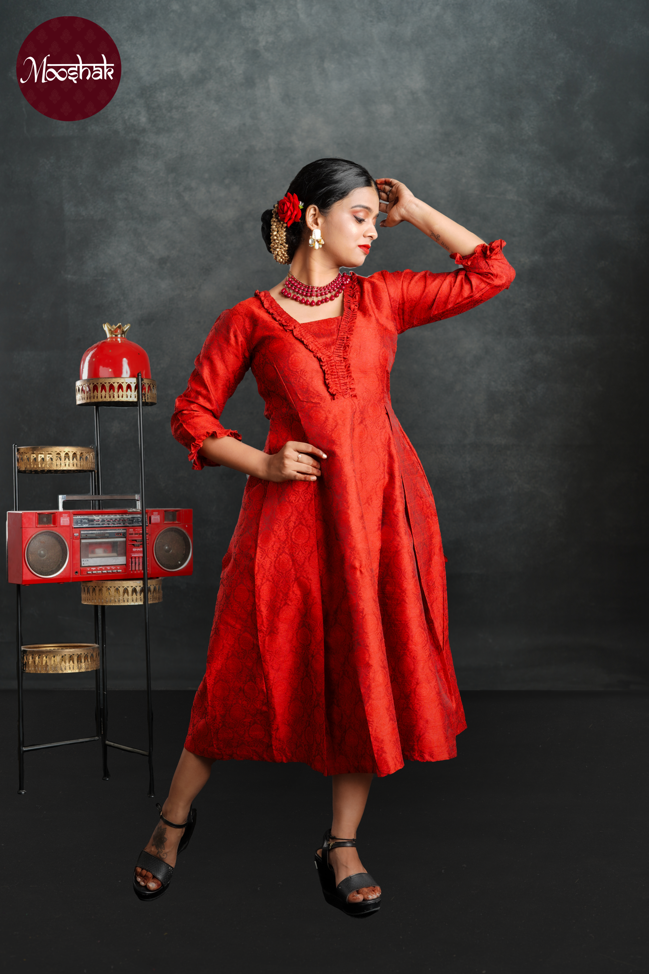 Kinkini - Dresses in Red brocade with self motif