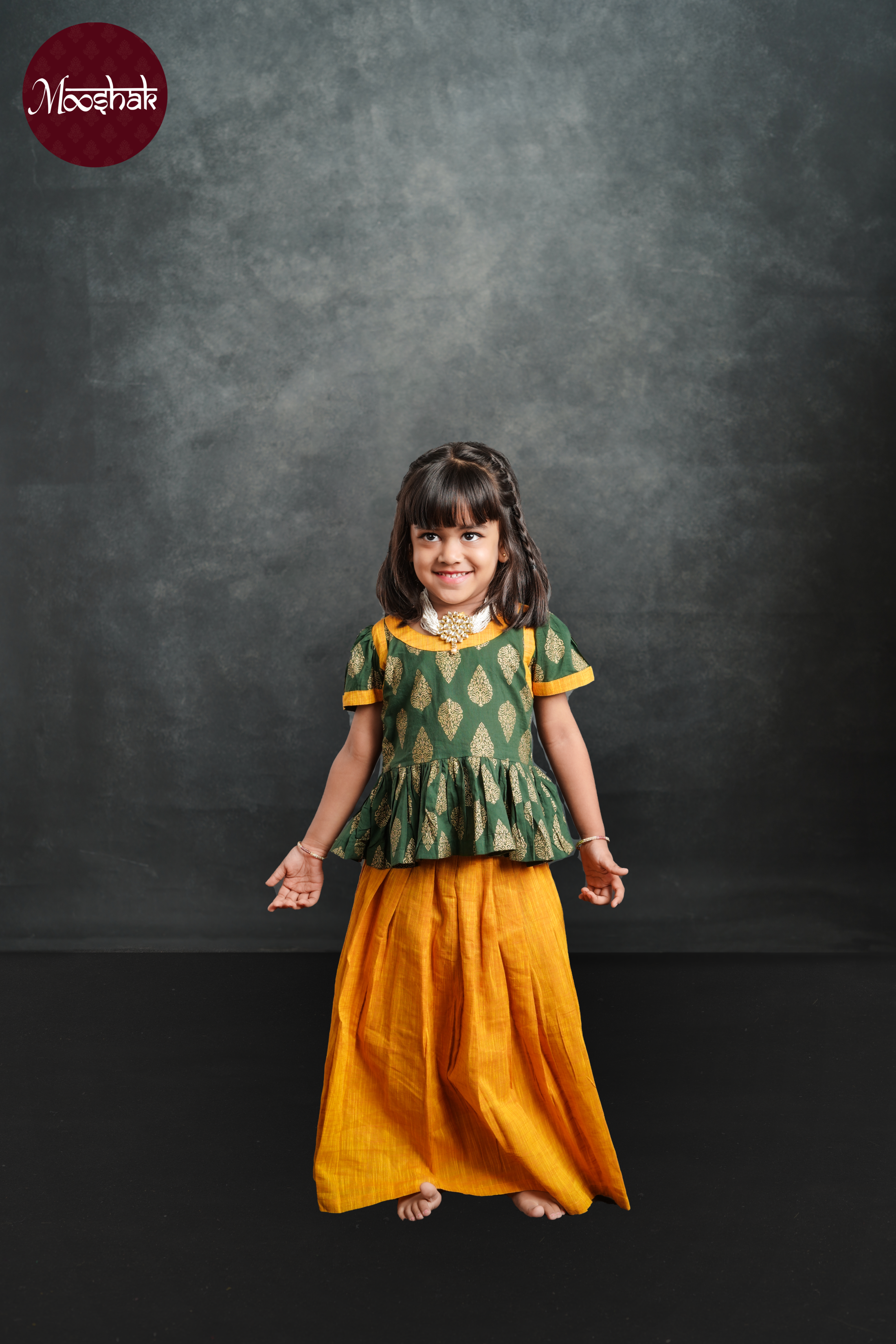 Laadli - Skirt and Top in Green with gold foil motif and Mustard