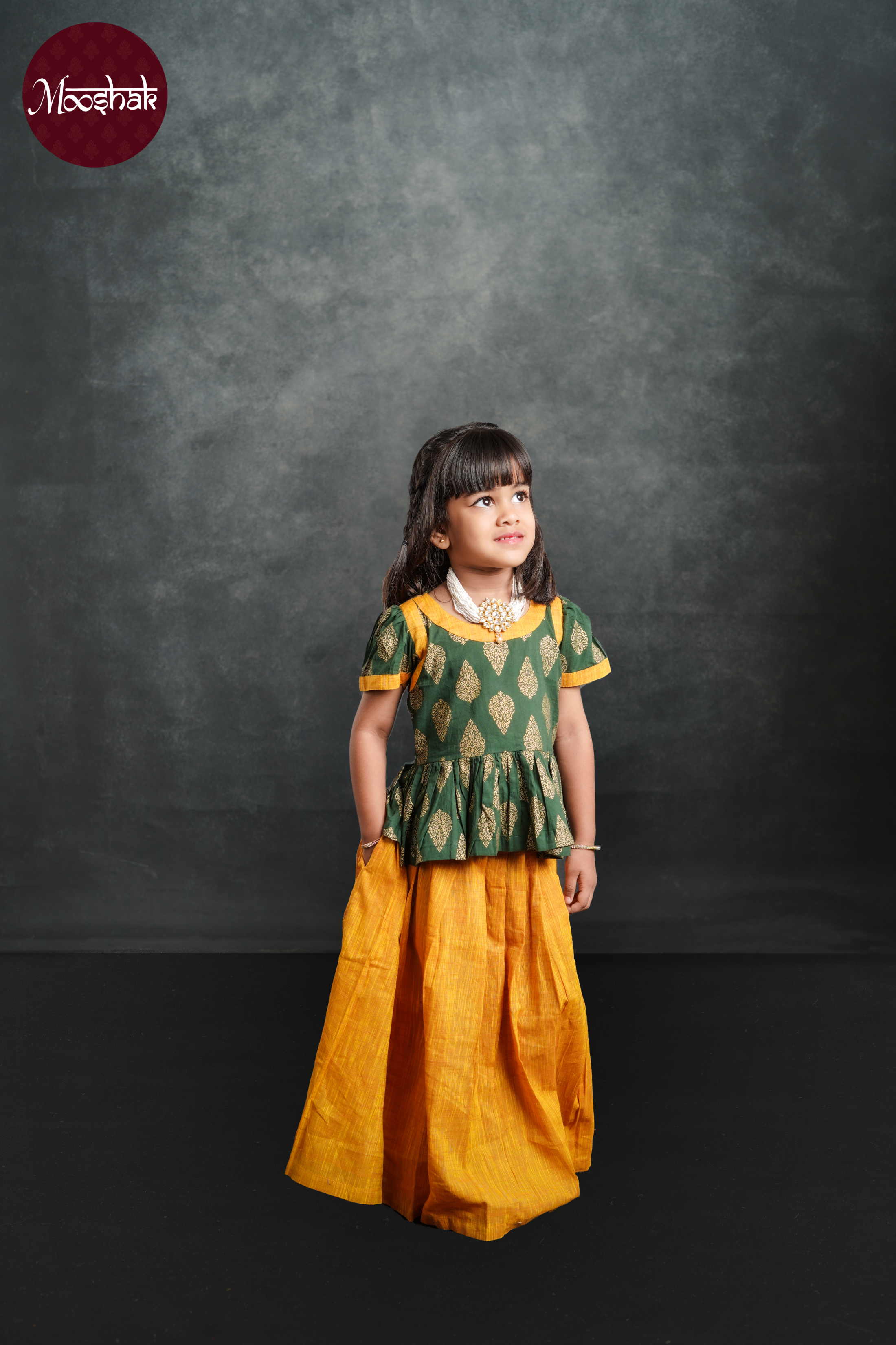 Laadli - Skirt and Top in Green with gold foil motif and Mustard