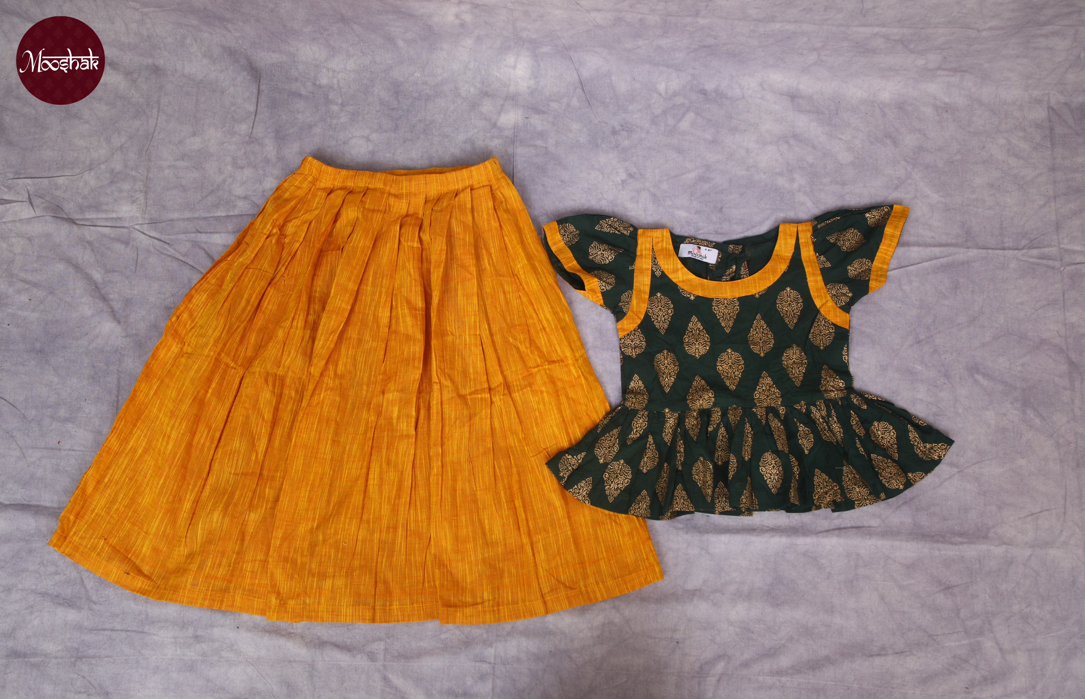 Laadli - Skirt and Top in Green with gold foil motif and Mustard