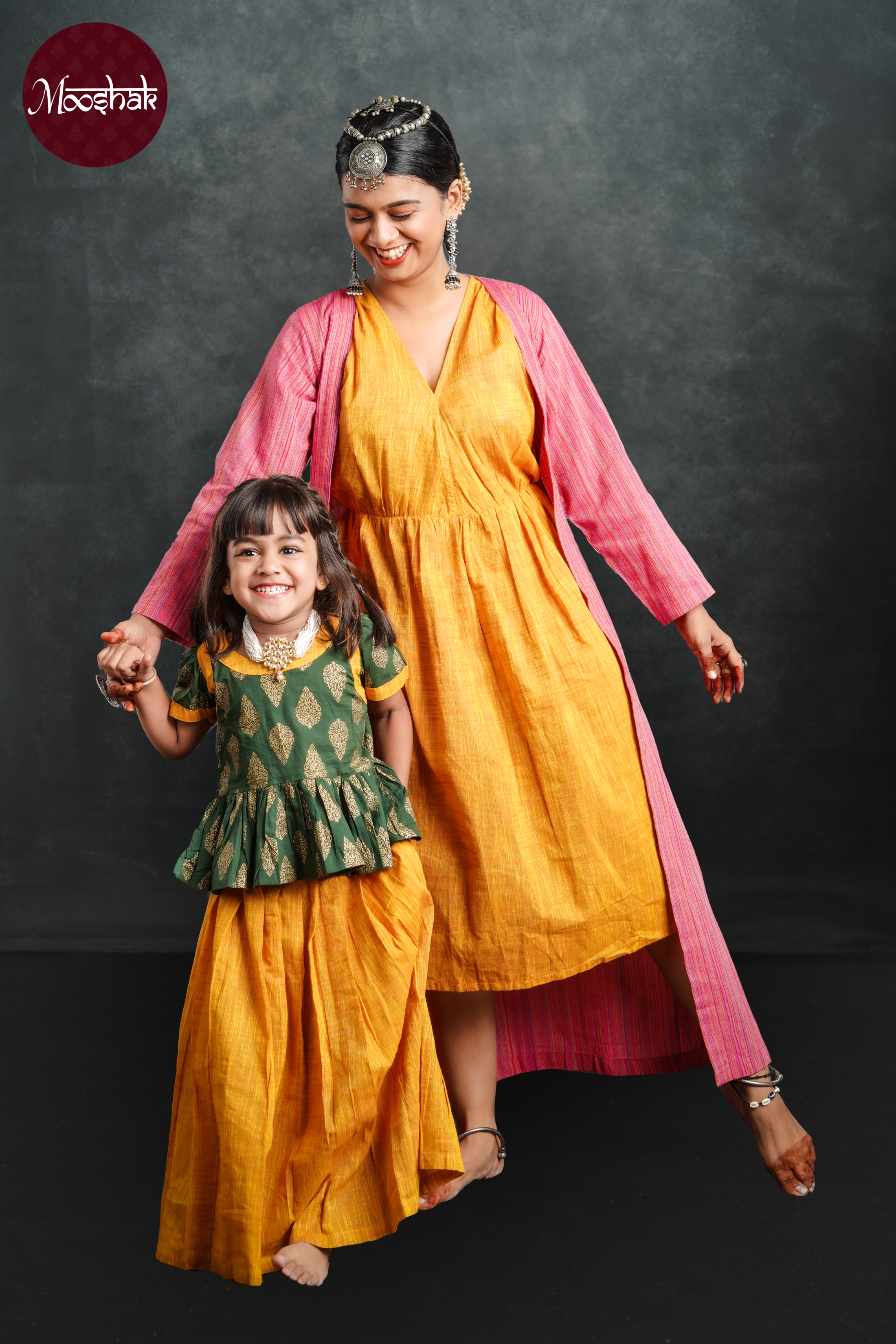 Laadli - Skirt and Top in Green with gold foil motif and Mustard