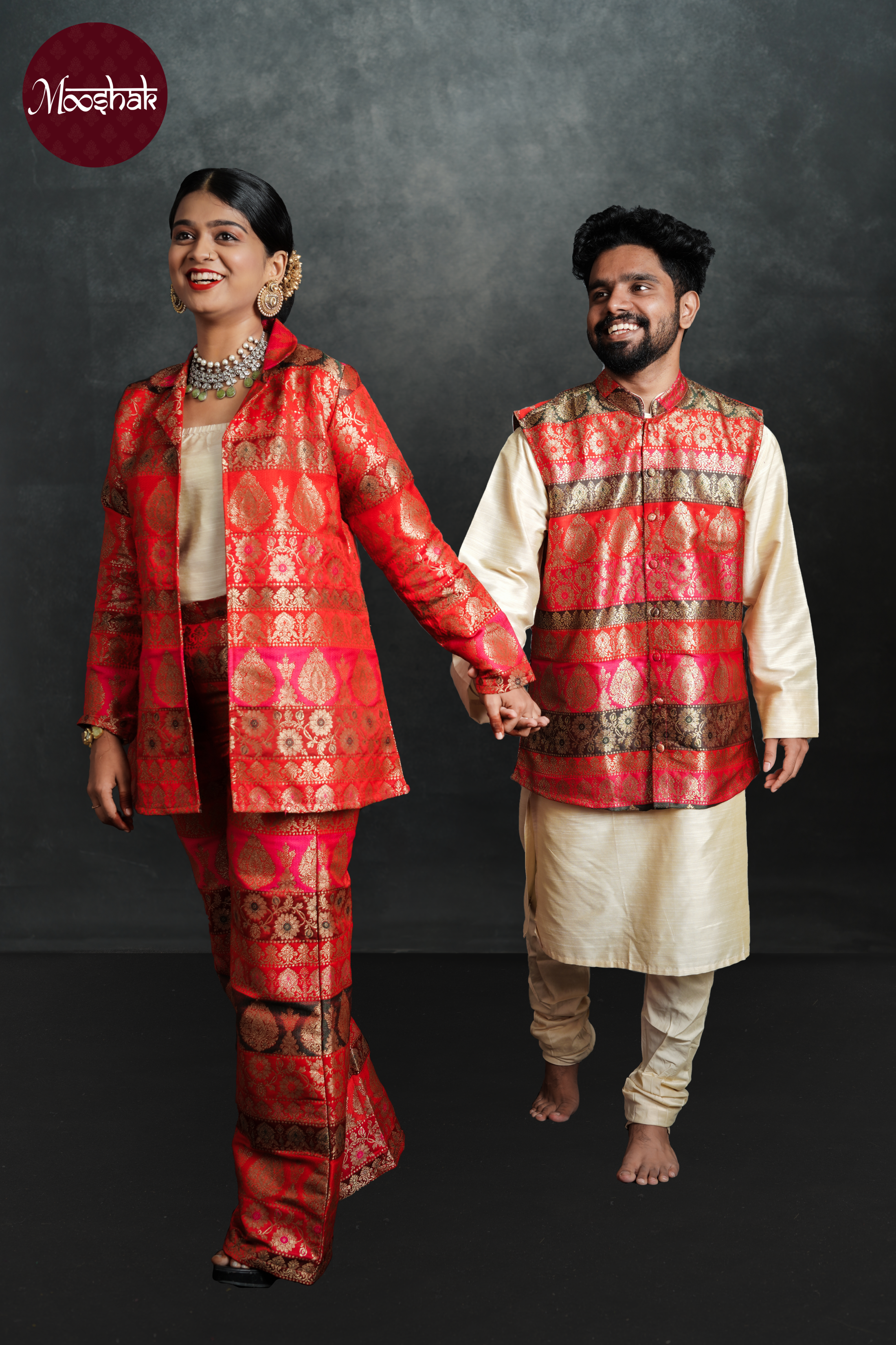 Maya - Blazer Set in Multicolor red brocade with offwhite