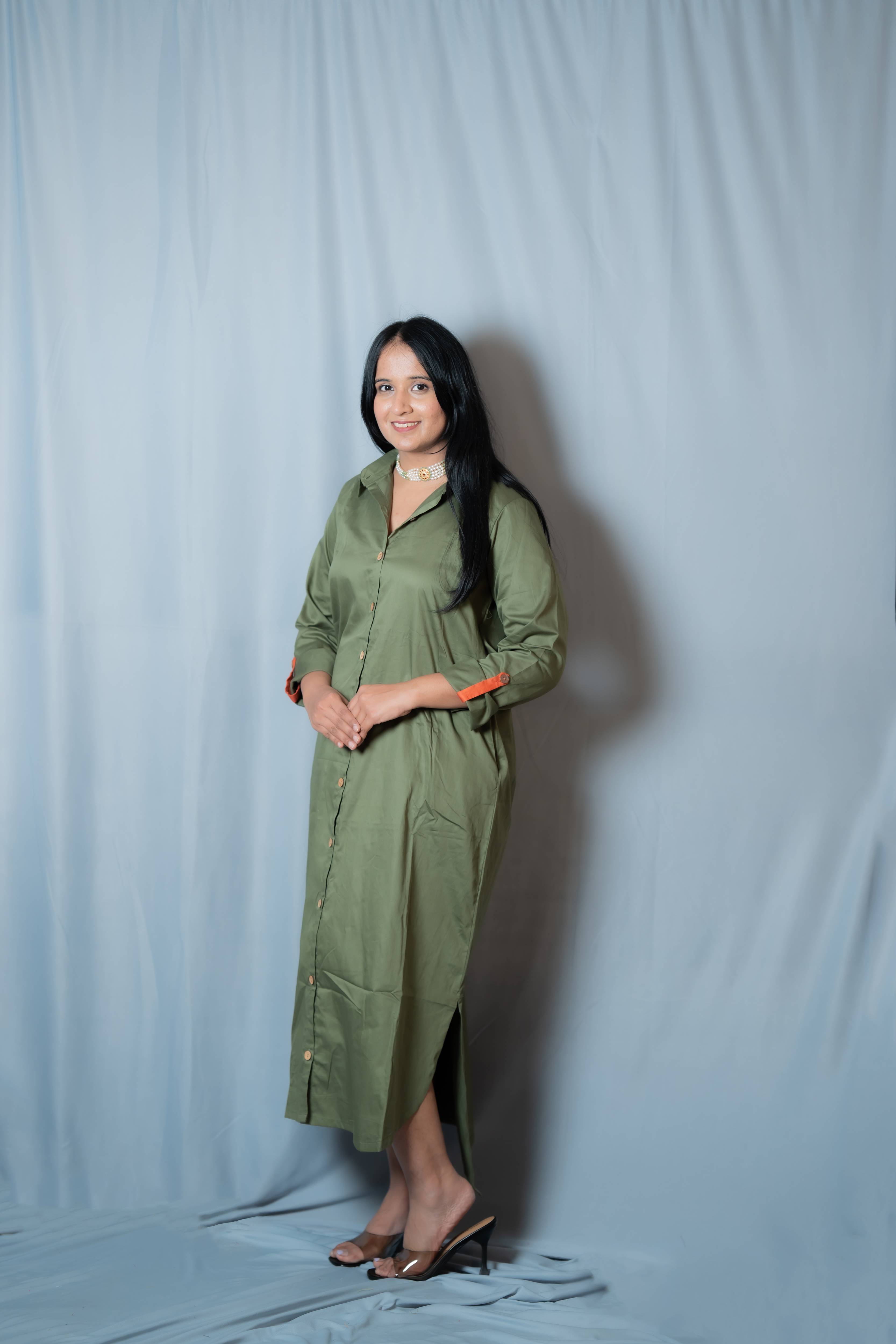 Autumn - Roll-up sleeve collared shirt dress in Olive pure cotton