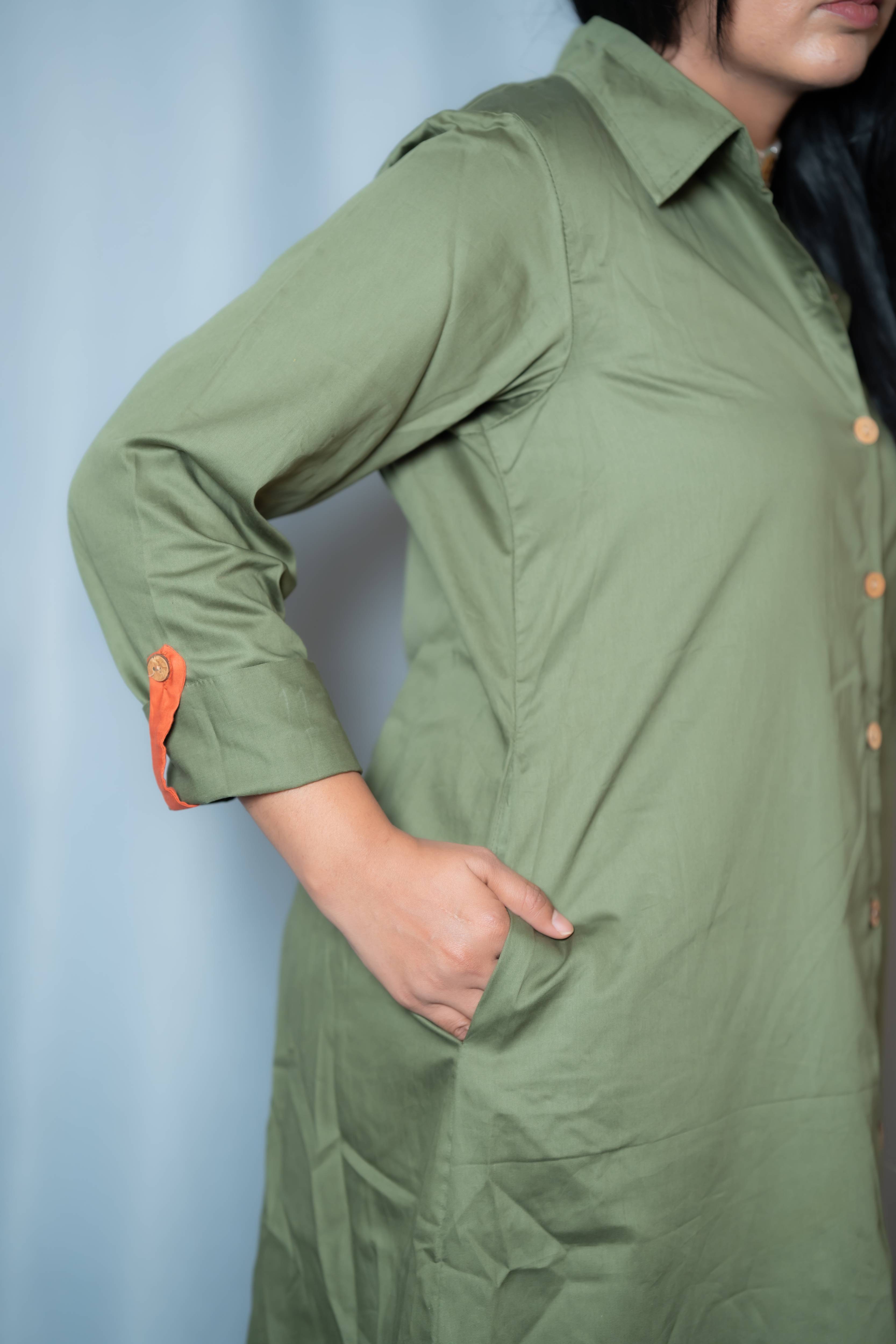 Autumn - Roll-up sleeve collared shirt dress in Olive pure cotton