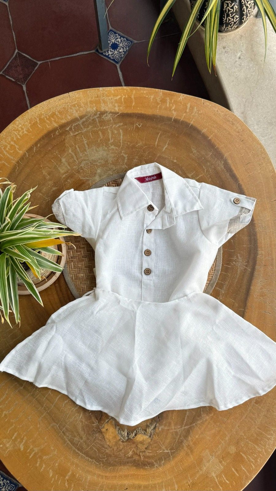 Style Angel - Onesie Collared Rompers with skirt in white Co-Jute