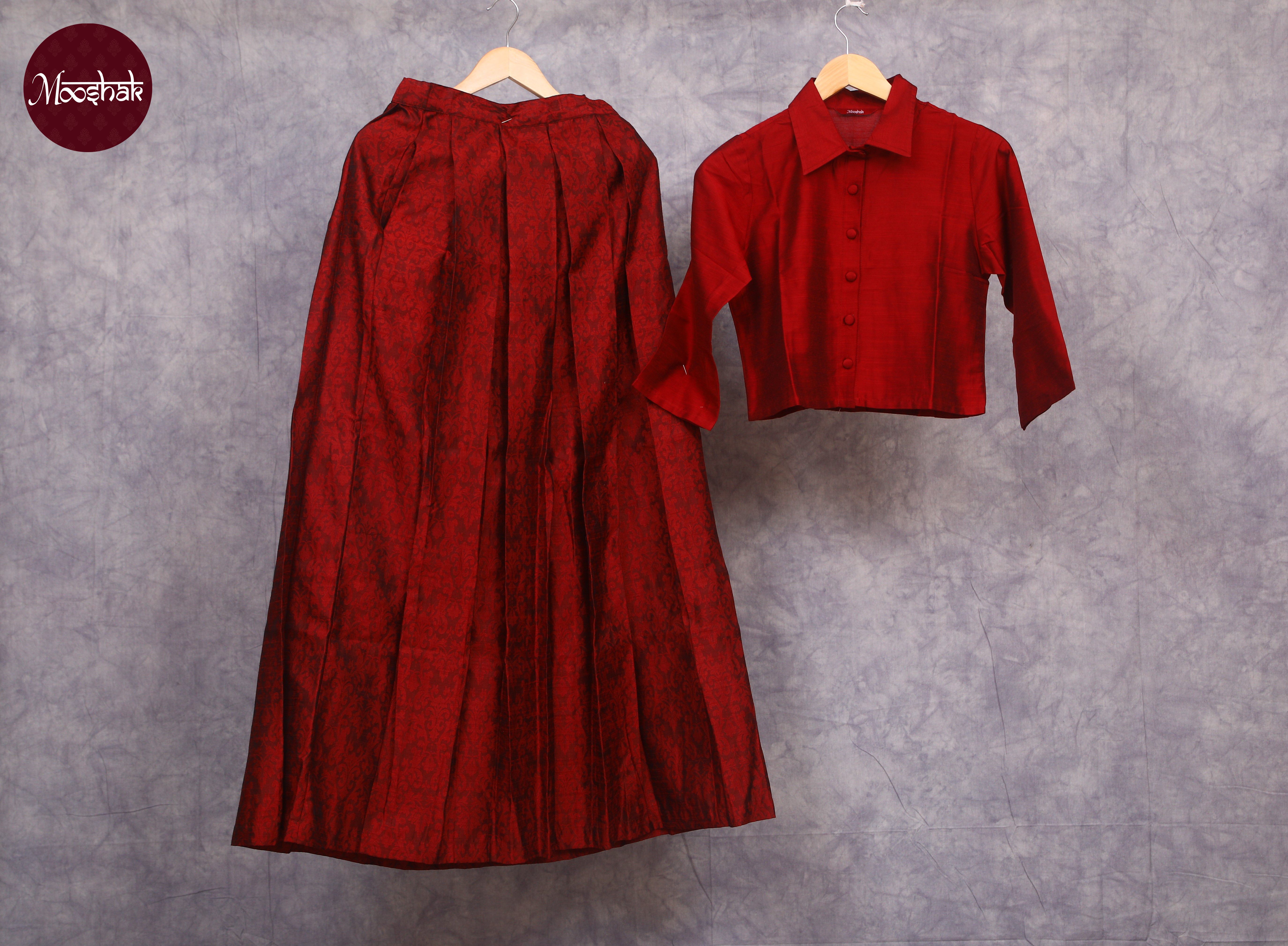Nutan - Skirt and Top in Red brocade with self motif