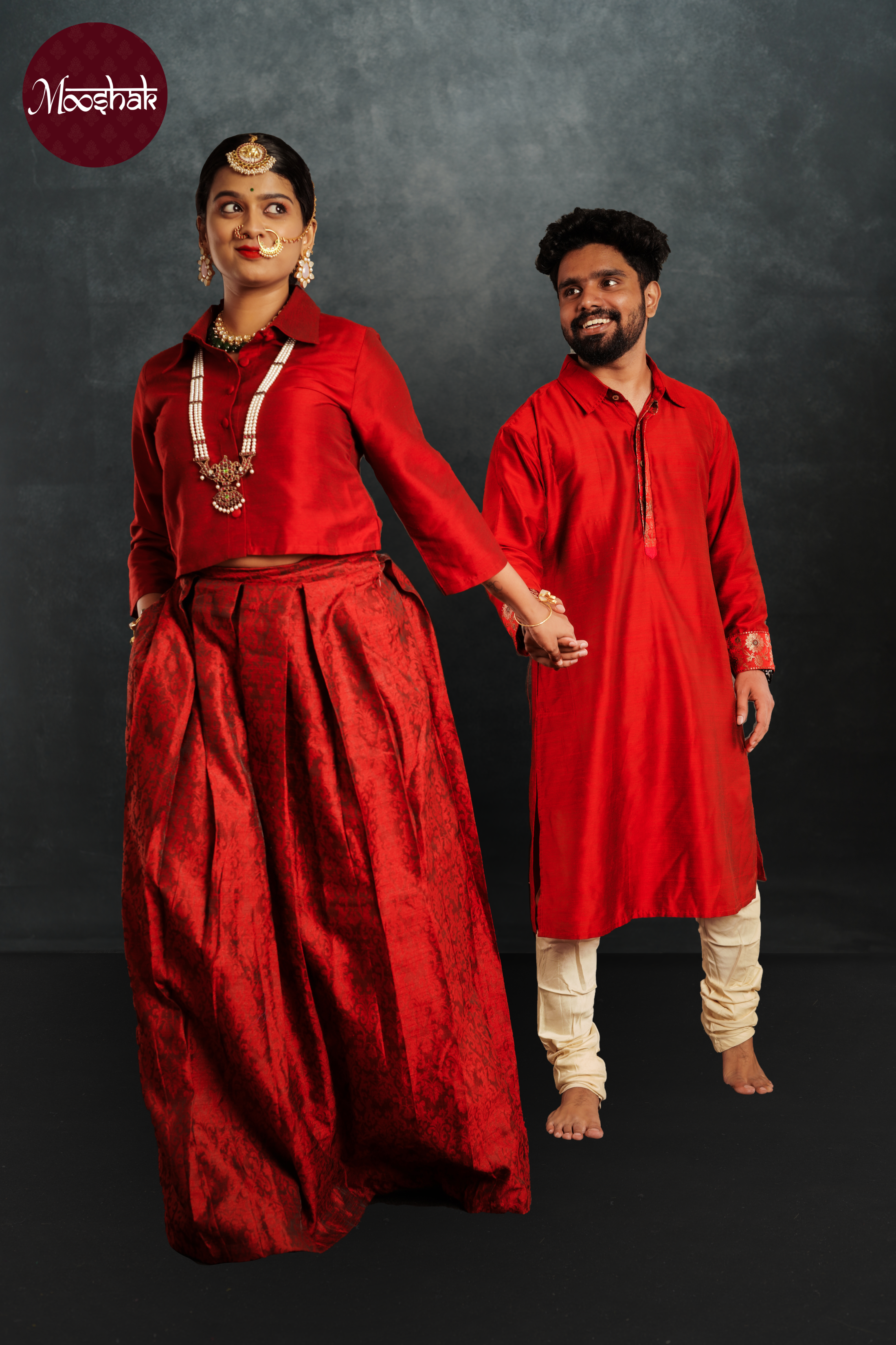 Nutan - Skirt and Top in Red brocade with self motif